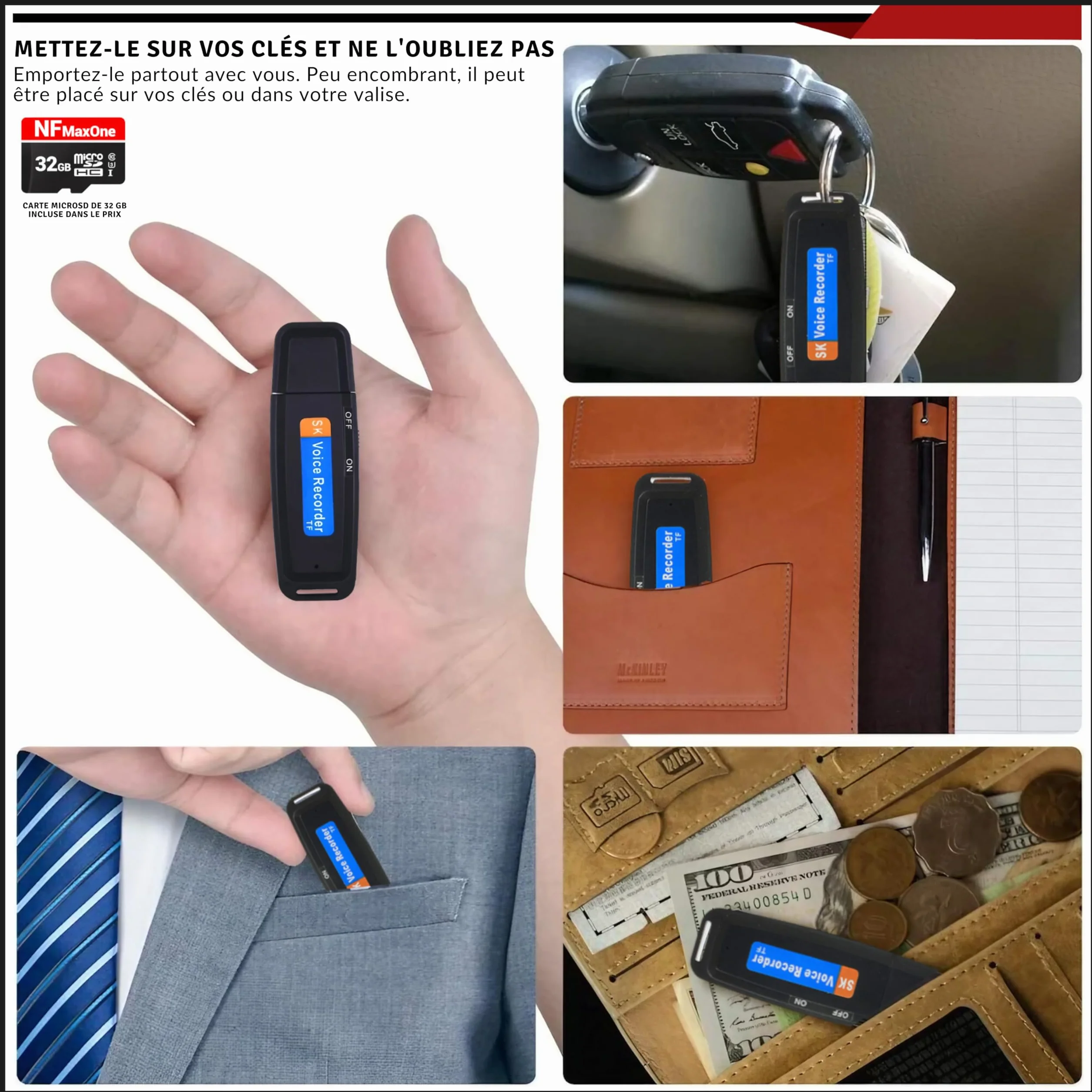 Enregistreur Vocal Numérique USB 32 Go Mini Dictaphone Portable avec Activation Vocale