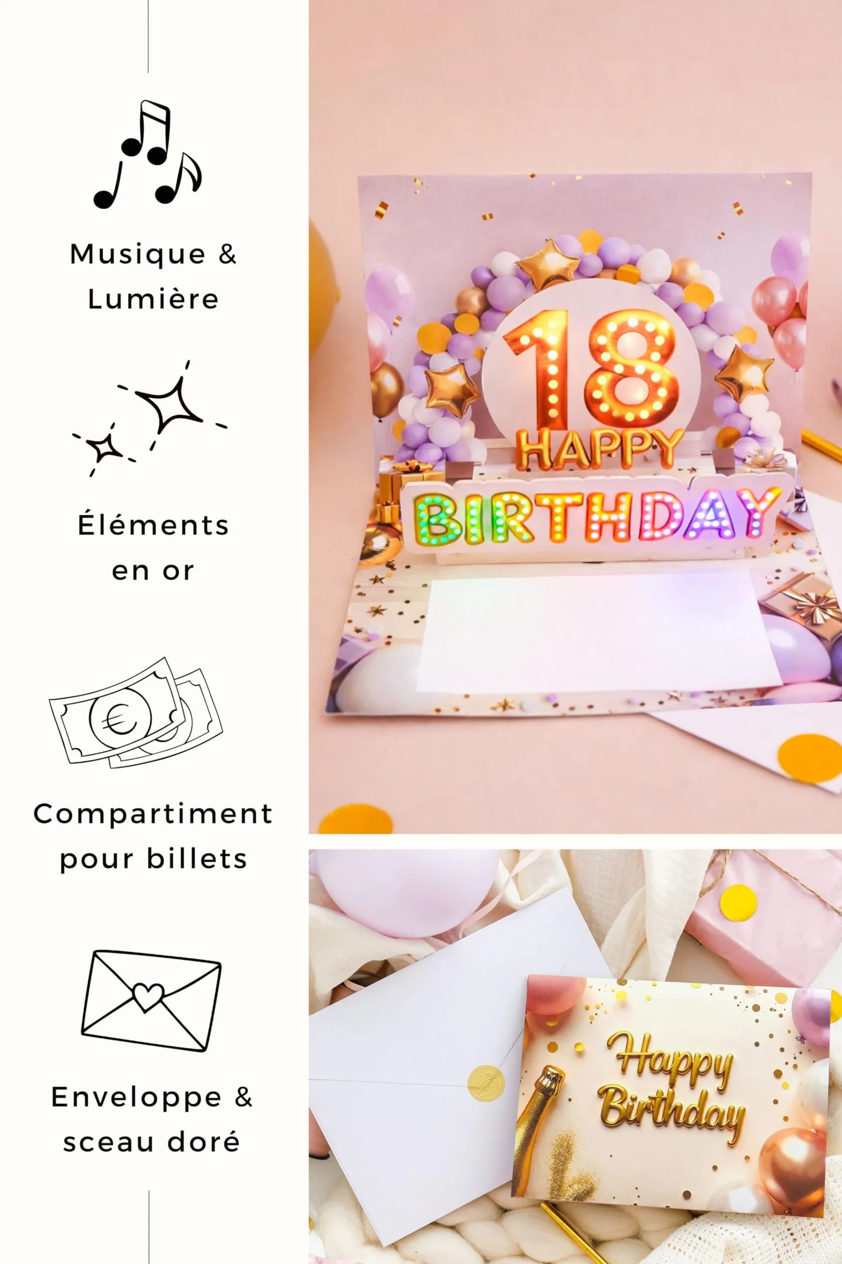Carte anniversaire 18 ans pop up 3D avec musique et lumière – pour fille, enveloppe et autocollant sceau – 20 x 15 cm