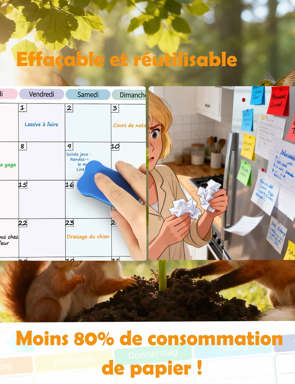 Plannings Frigo Magnétiques Effaçables – Semainier, Mensuel & Journalier – Organisation Famille, Menus & Tâches – Kit Réutilisable