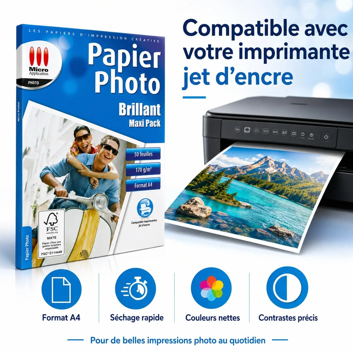 Papier Photo Brillant A4 170 g/m² Maxi Pack 50 Feuilles Séchage Rapide 9600 dpi Compatible Jet d'Encre