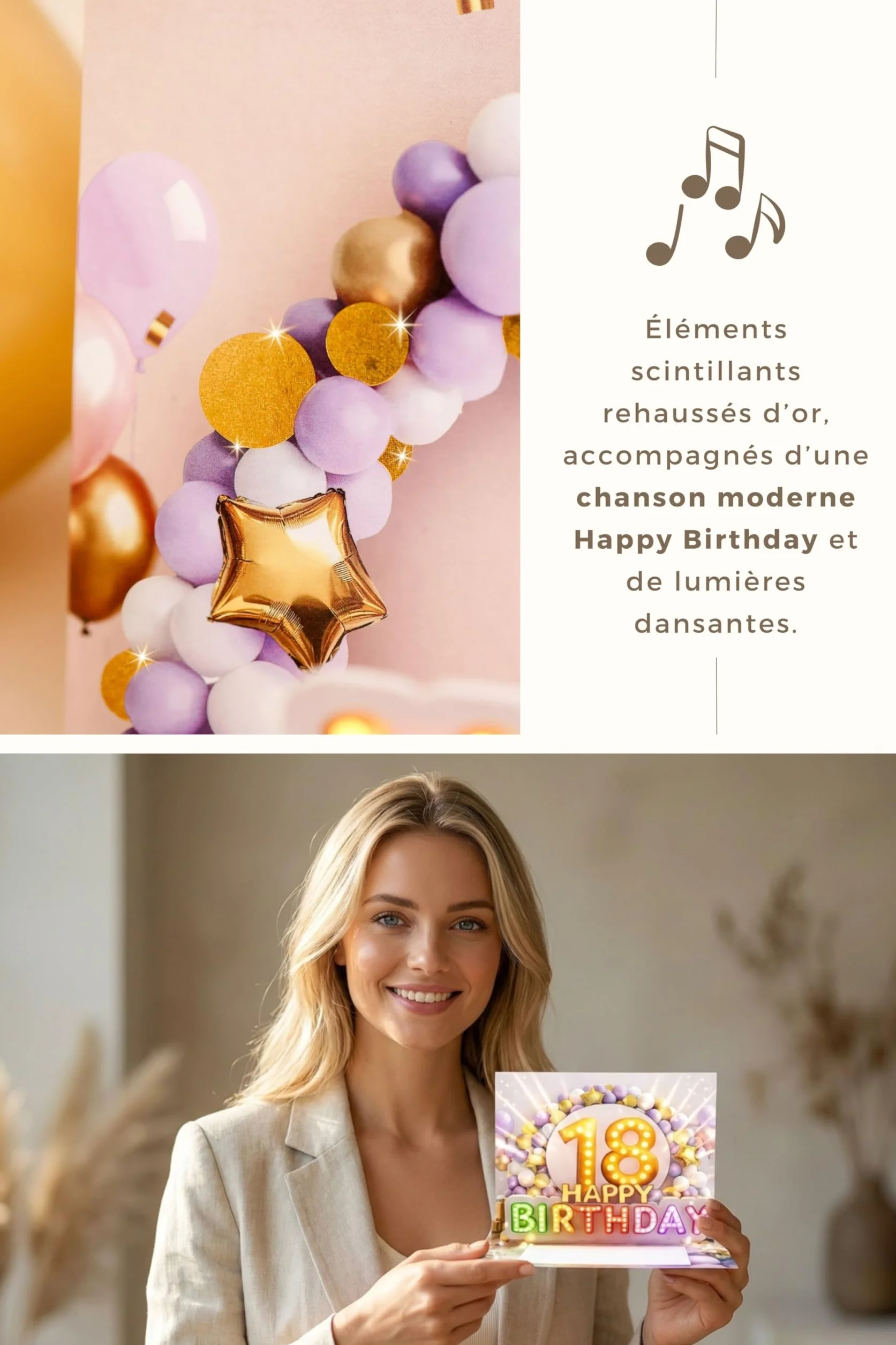 Carte anniversaire 18 ans pop up 3D avec musique et lumière – pour fille, enveloppe et autocollant sceau – 20 x 15 cm