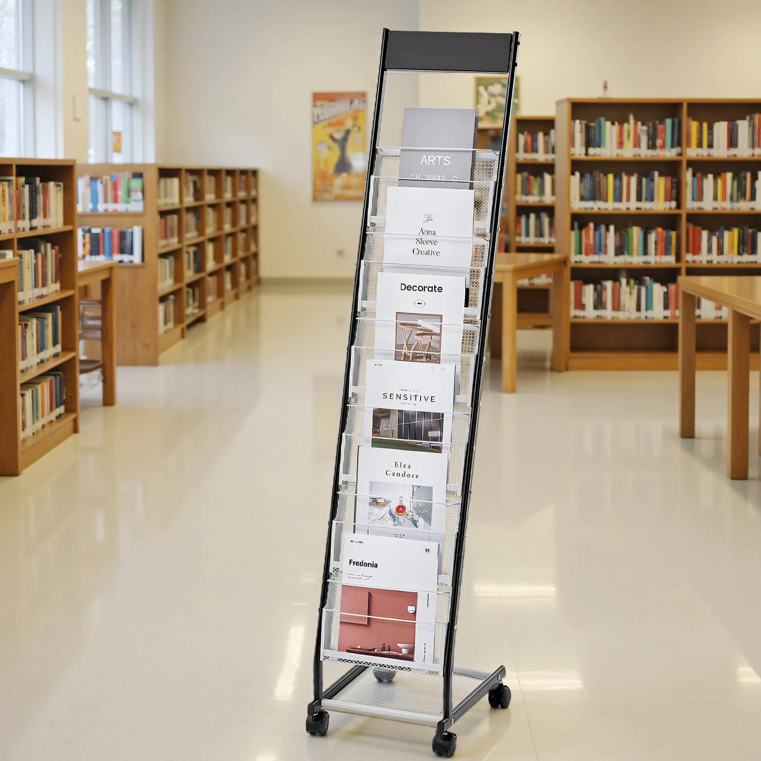 VEVOR Présentoir à brochures 6 niveaux, porte-brochures sur pied avec roulettes, porte-revue en métal mobile pour expositions