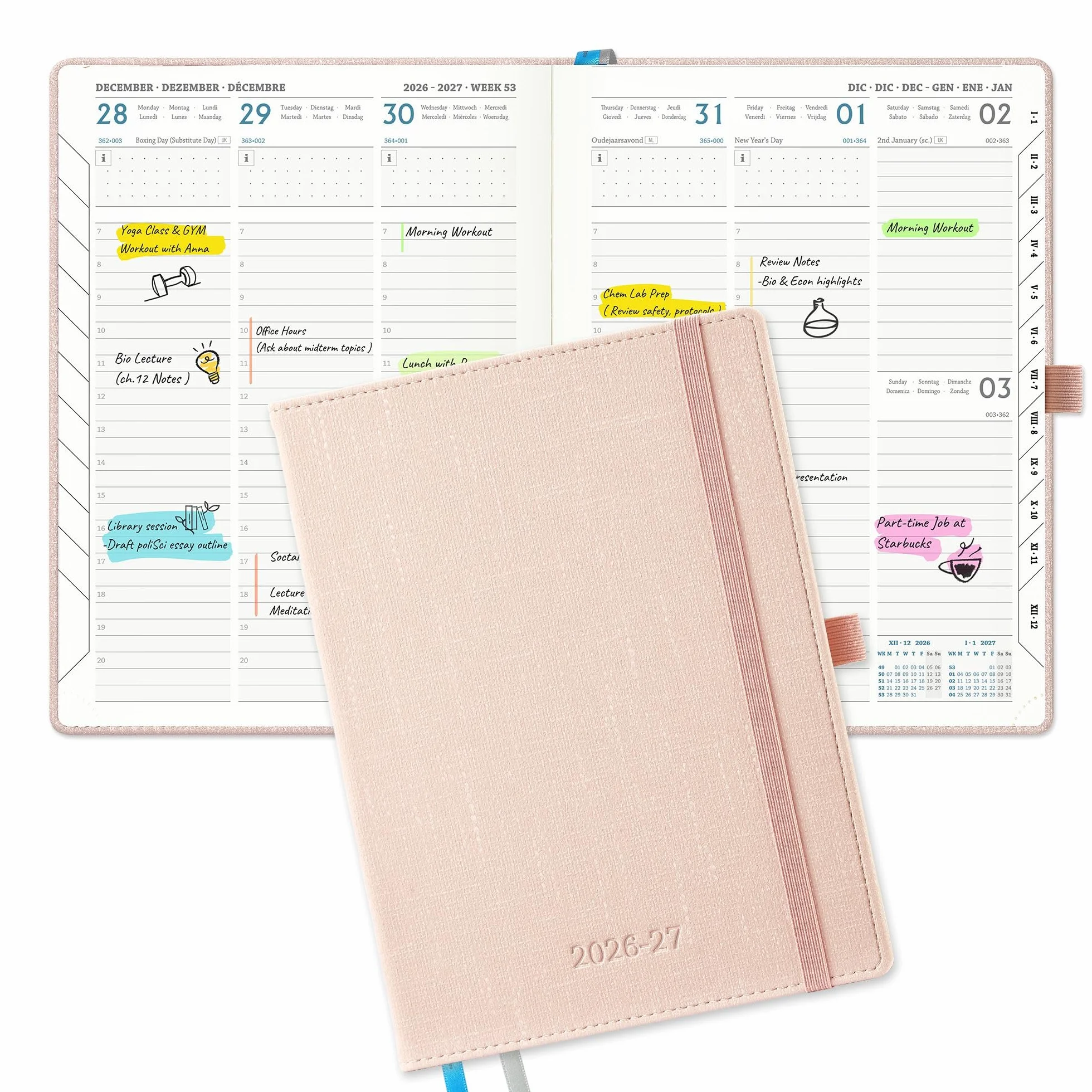 Agenda Semainier de Luxe 2026-2027 A5 Cuir PU Rose Clair 18 Mois