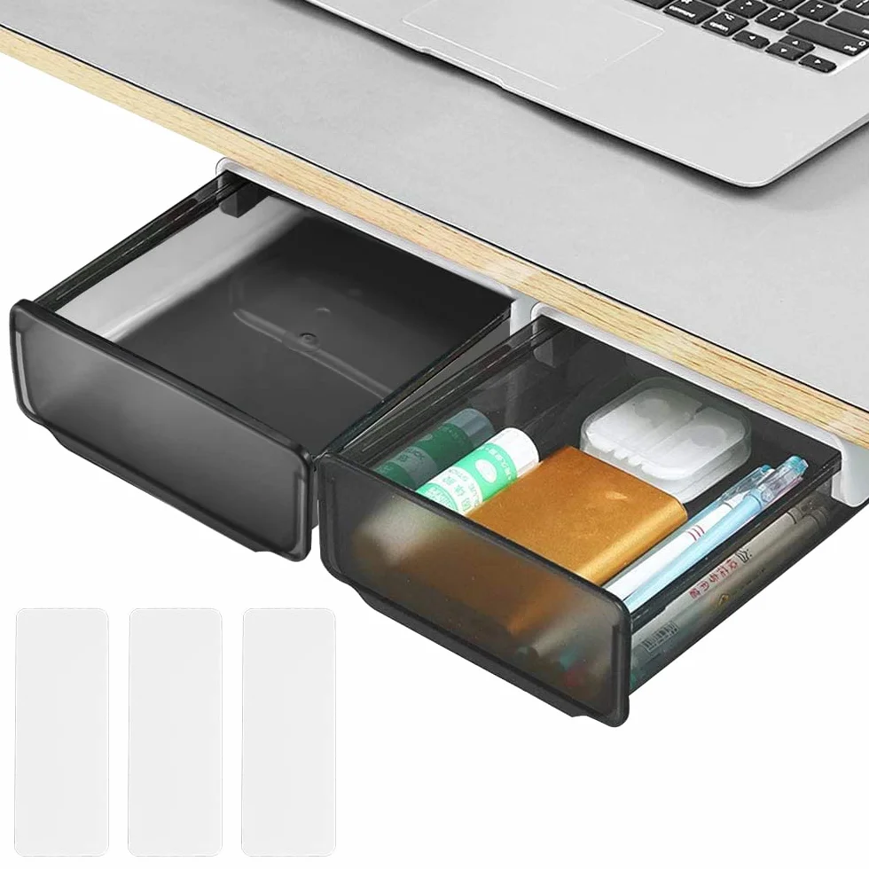 Boîte de Rangement sous la Table Autocollante Tiroir Caché de Bureau en Plastique, Blanc et Noir
