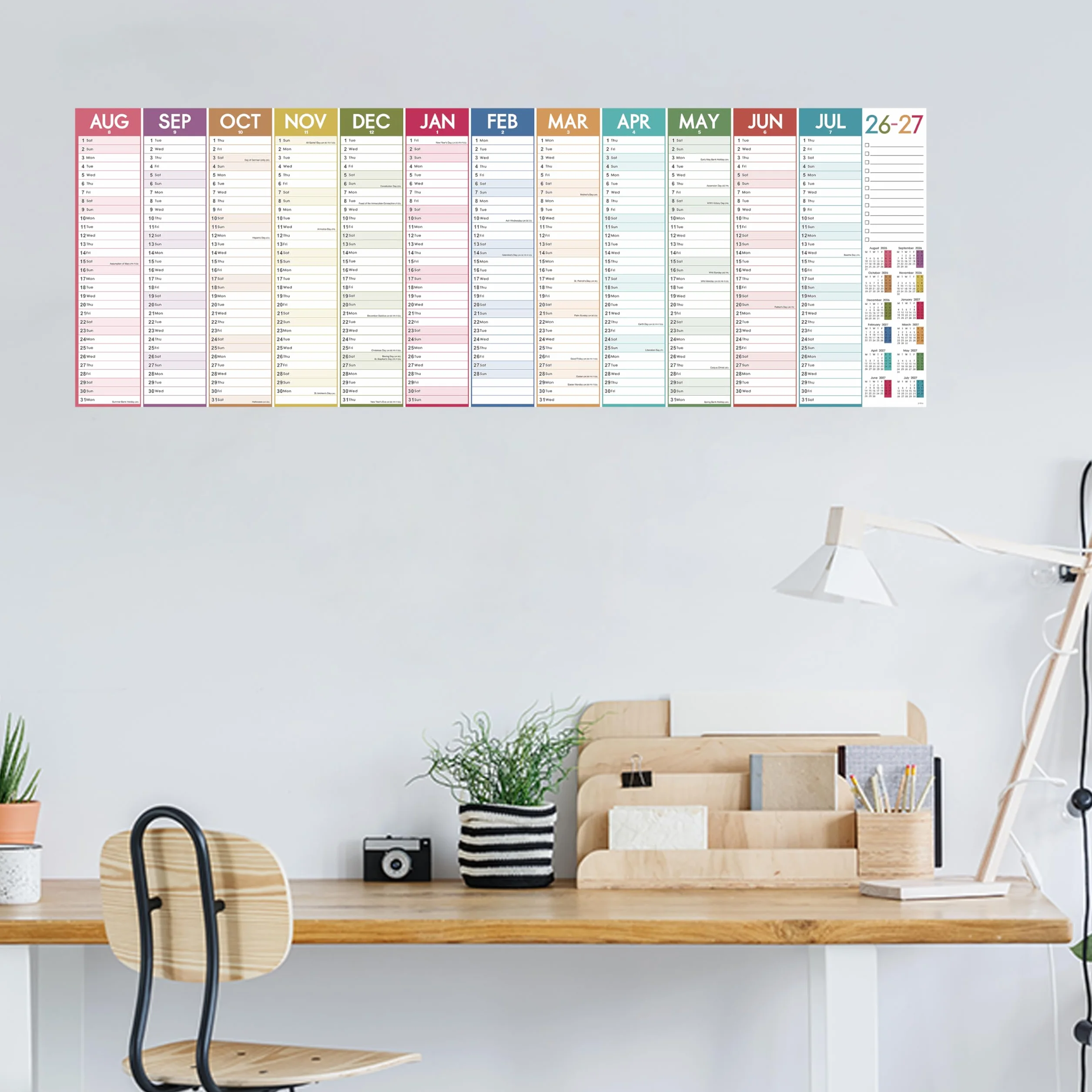 Calendrier mural 2026 grand format britannique 120 x 42 cm XXXL coloré