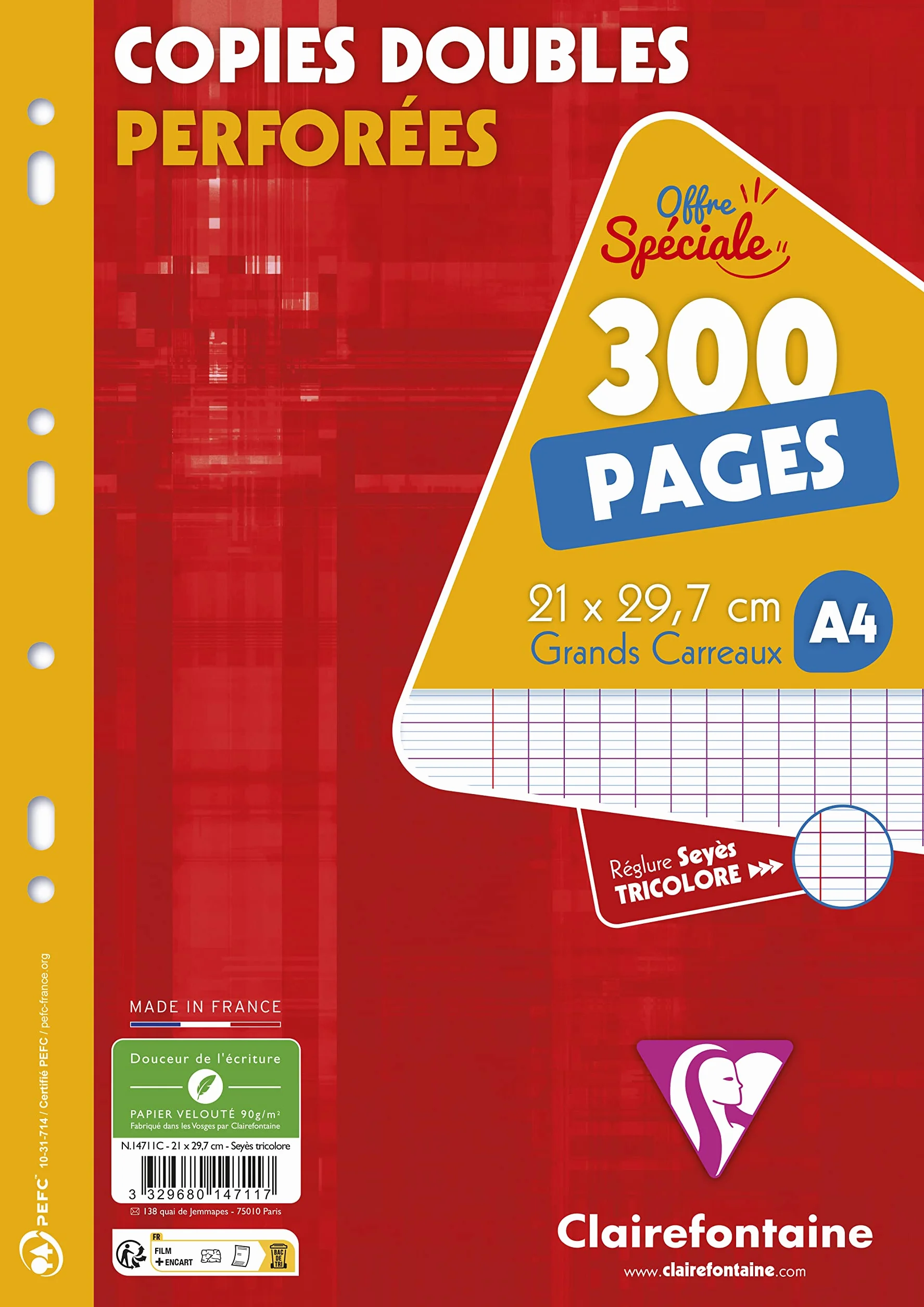 Clairefontaine Lot de 2 Paquets Copies Perforées A4 21x29,7 cm Grands Carreaux Papier Blanc 90 g 600 Pages