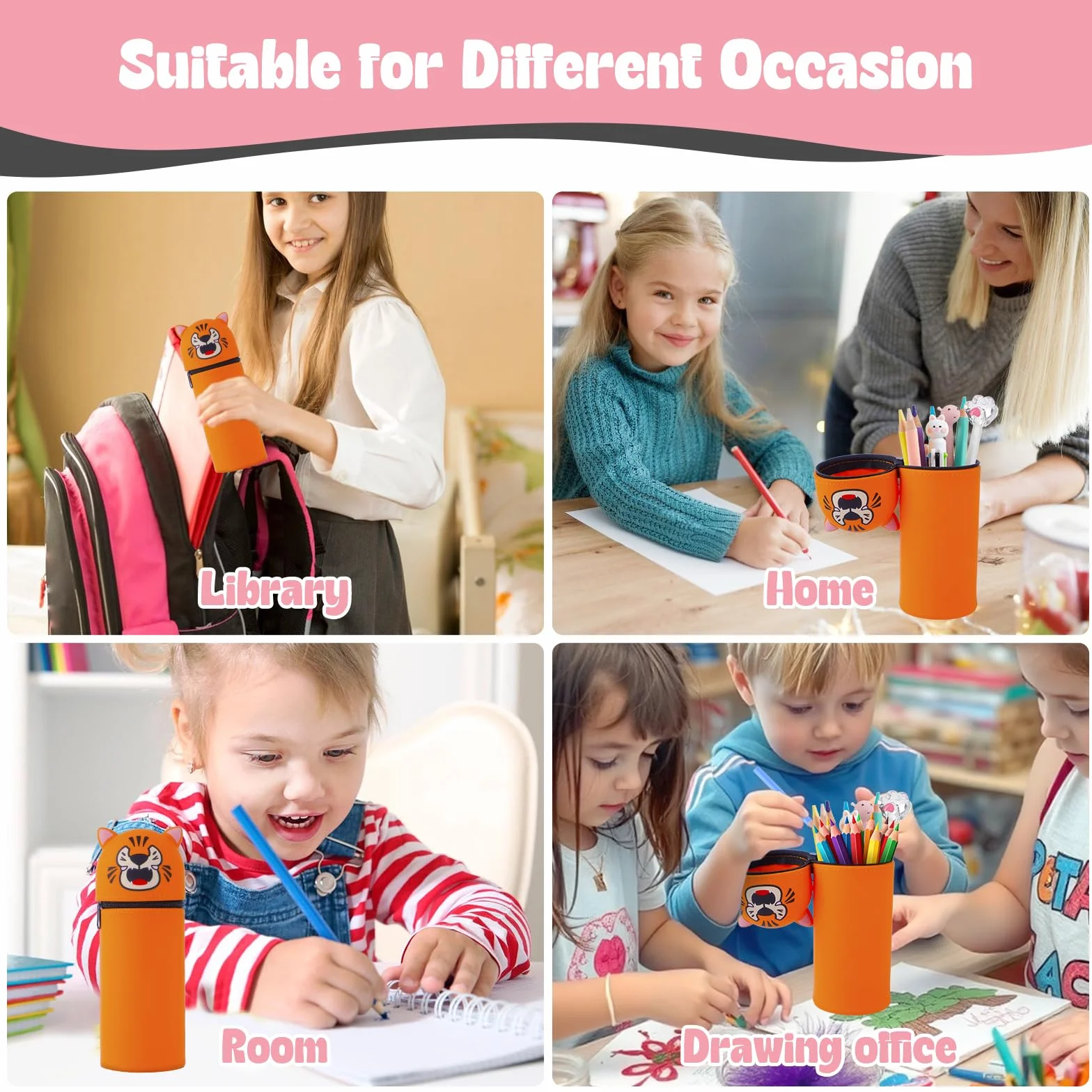 Trousse Scolaire en Silicone Télescopique Kawaii Tigre 2 en 1 avec Fermeture Eclair