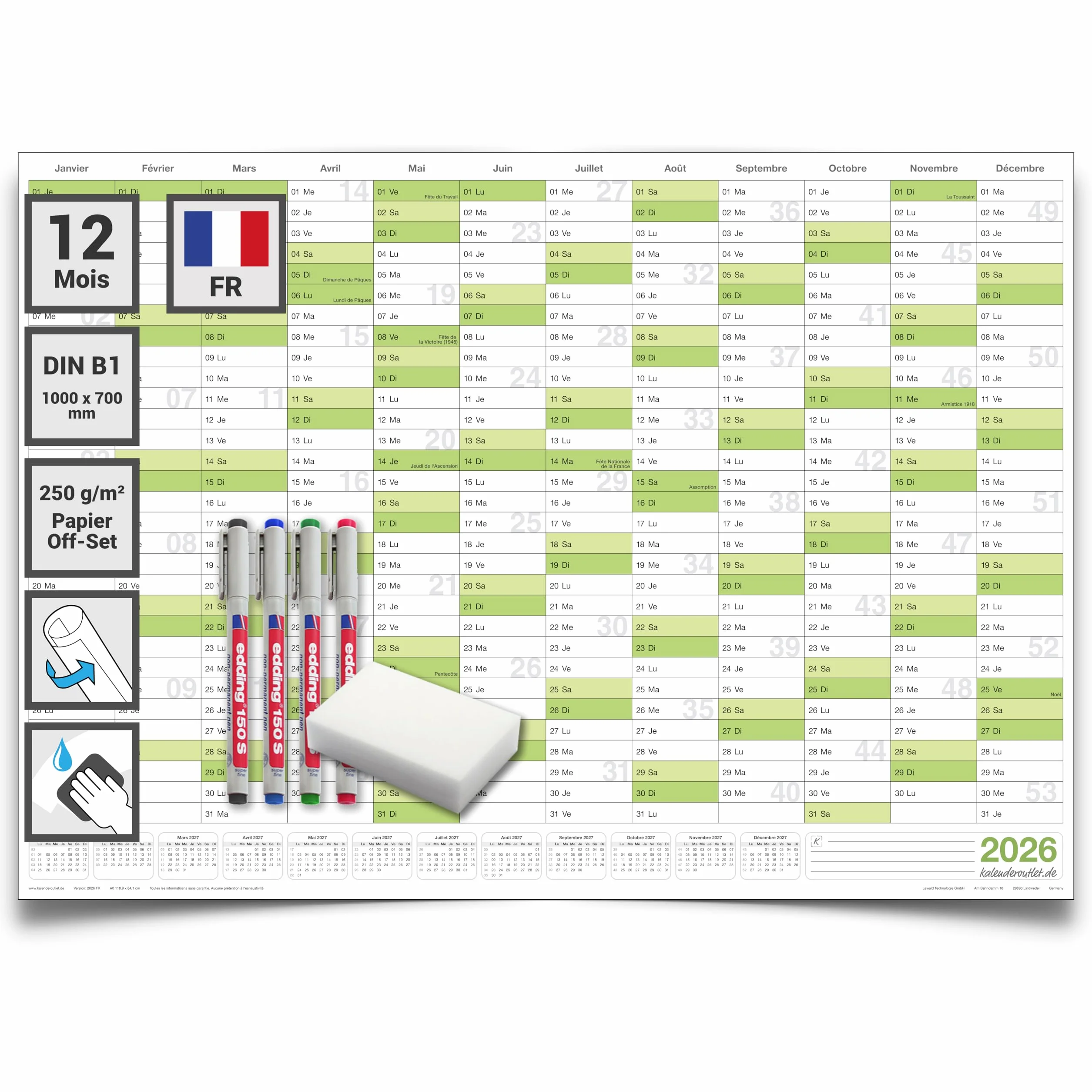Calendrier mural effaçable DIN B1 100x70 cm 2026 – planner annuel réinscriptible plastifié avec 4 marqueurs et 1 éponge – version française