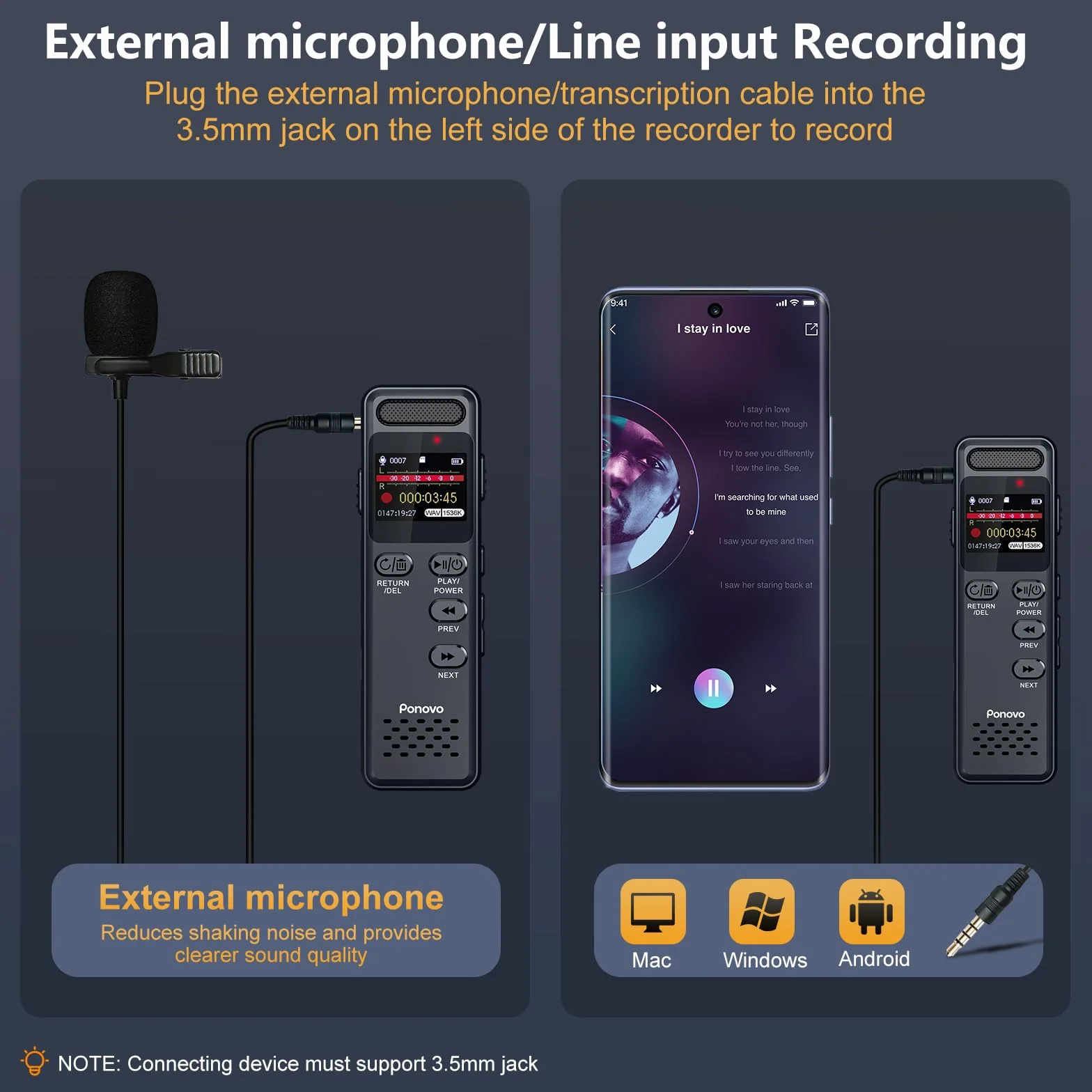 Ponovo Enregistreur Vocal Numérique 16Go 100H 1536Kbps Activation Vocale 1100mAh