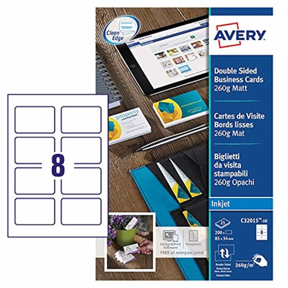AVERY Pochette 80 cartes de visite bords lisses imprimables recto verso carte blanche mate 260g/m² 85 x 54 mm impression jet d'encre