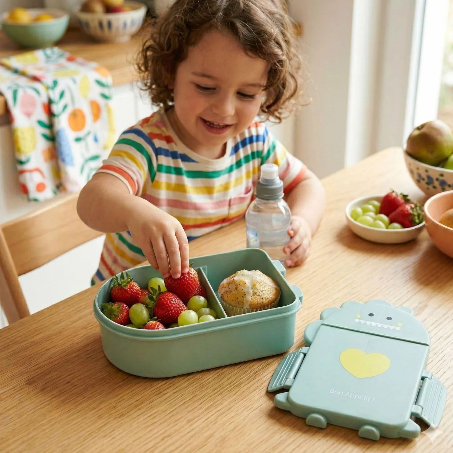 THERMOBABY Boîte à goûter Dino - Boîte repas enfant avec compartiments - Lunchbox - Sans BPA - Vert