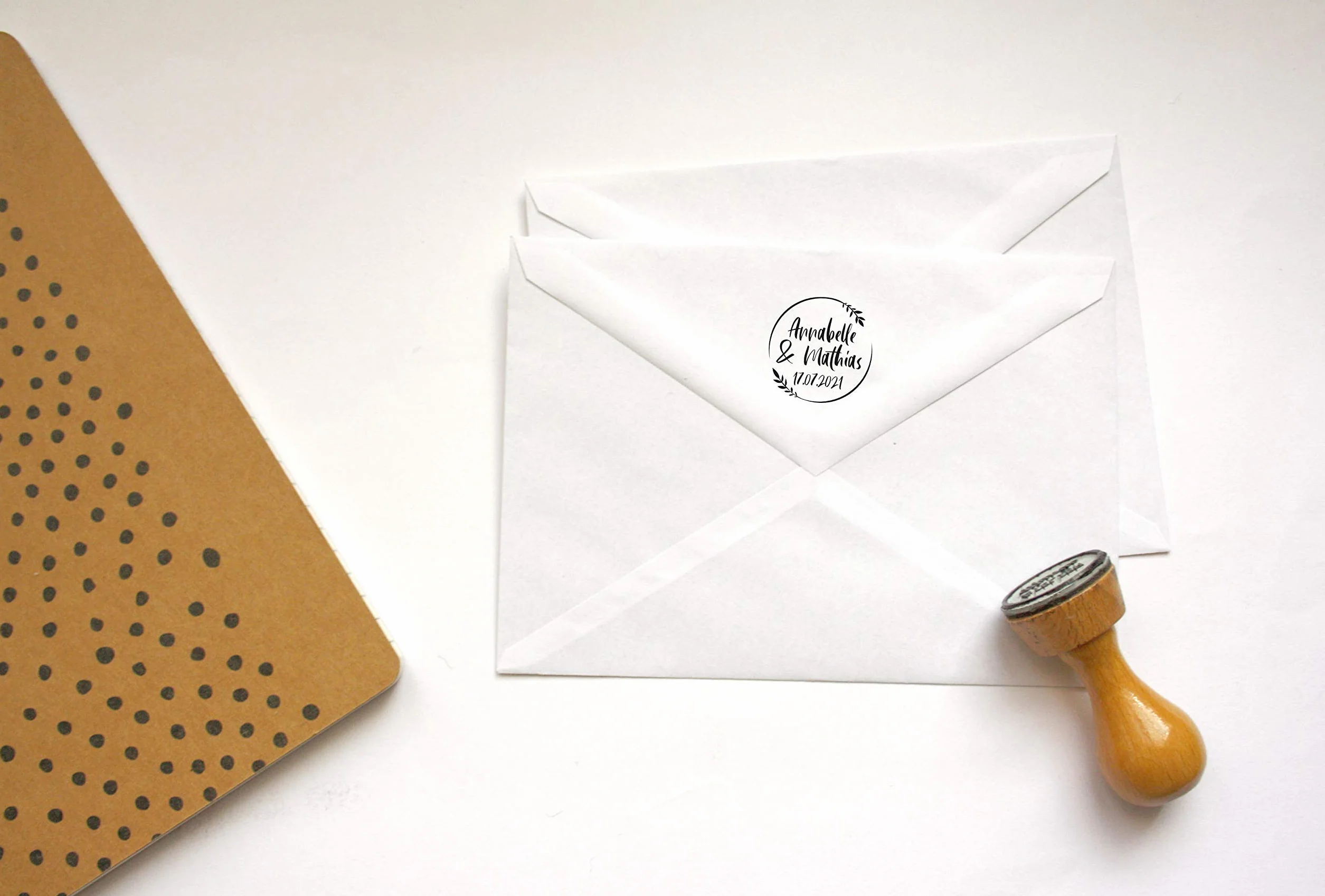 Tampon mariage personnalisable champêtre avec feuillage, fabrication française