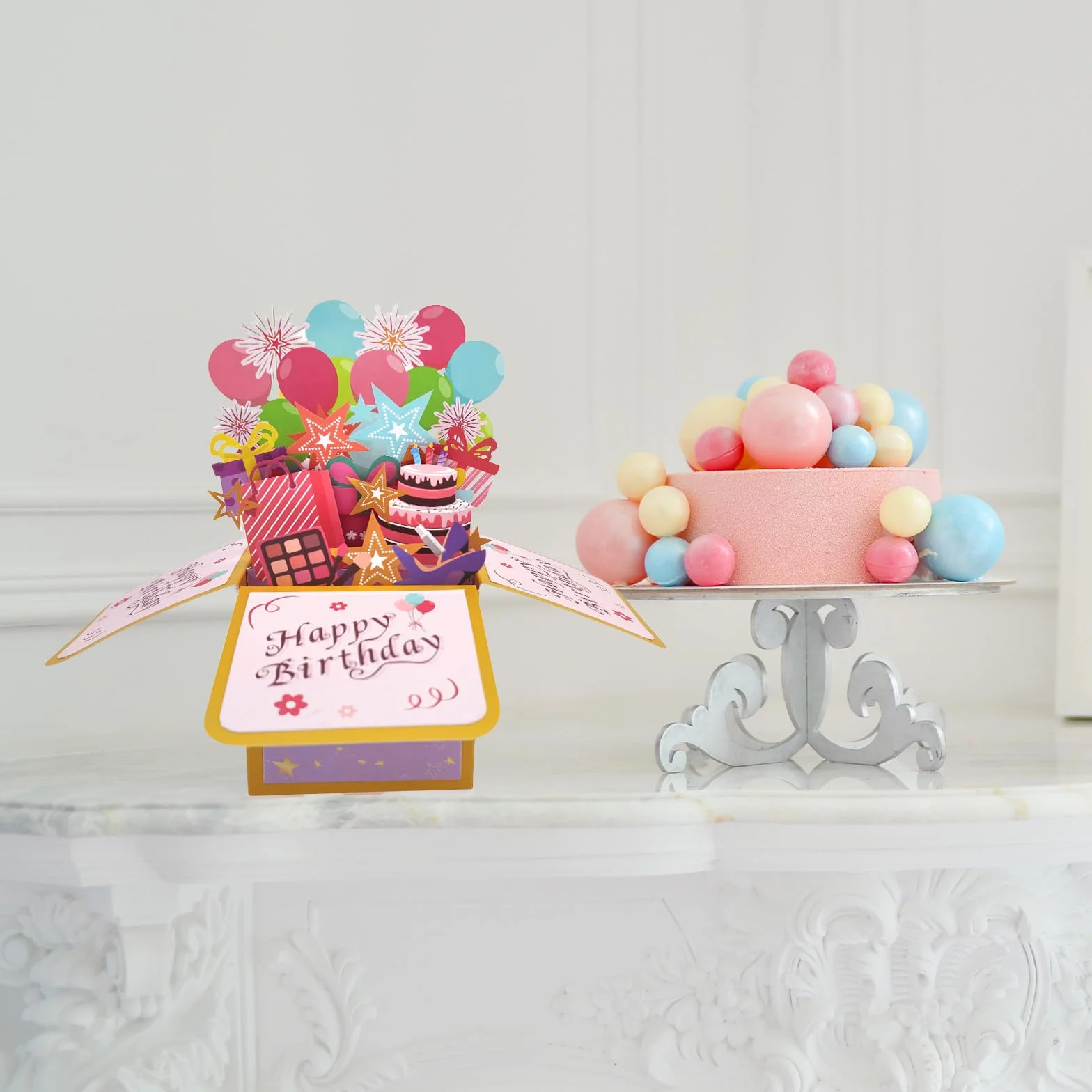 Carte Pop Up Anniversaire 10 Ans Or Rose 3D avec Enveloppe pour Fille