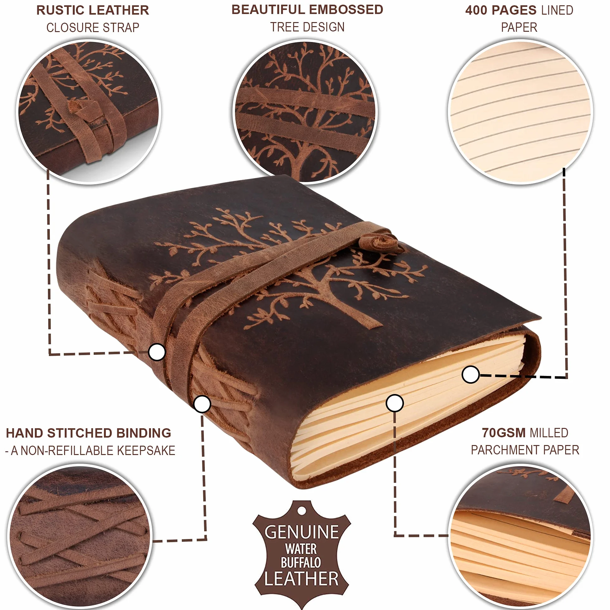 Moonster Carnet de Notes Ligné en Cuir 20 x 15 cm 400 Pages Arbre de Vie en Relief Journal Intime