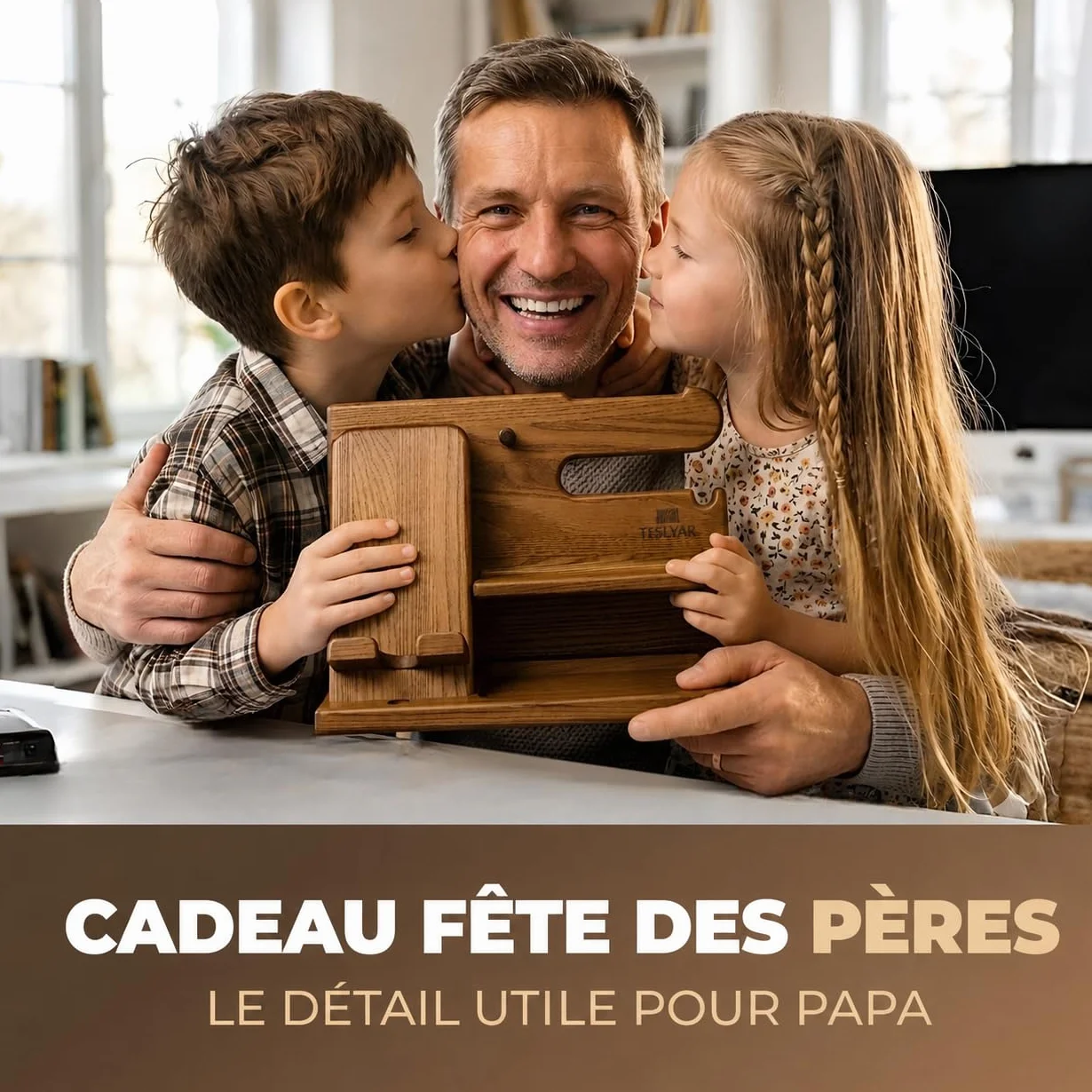 Organisateur de Bureau en Bois avec Support Téléphone et Montre, Station d’Accueil, Docking Station, Beige