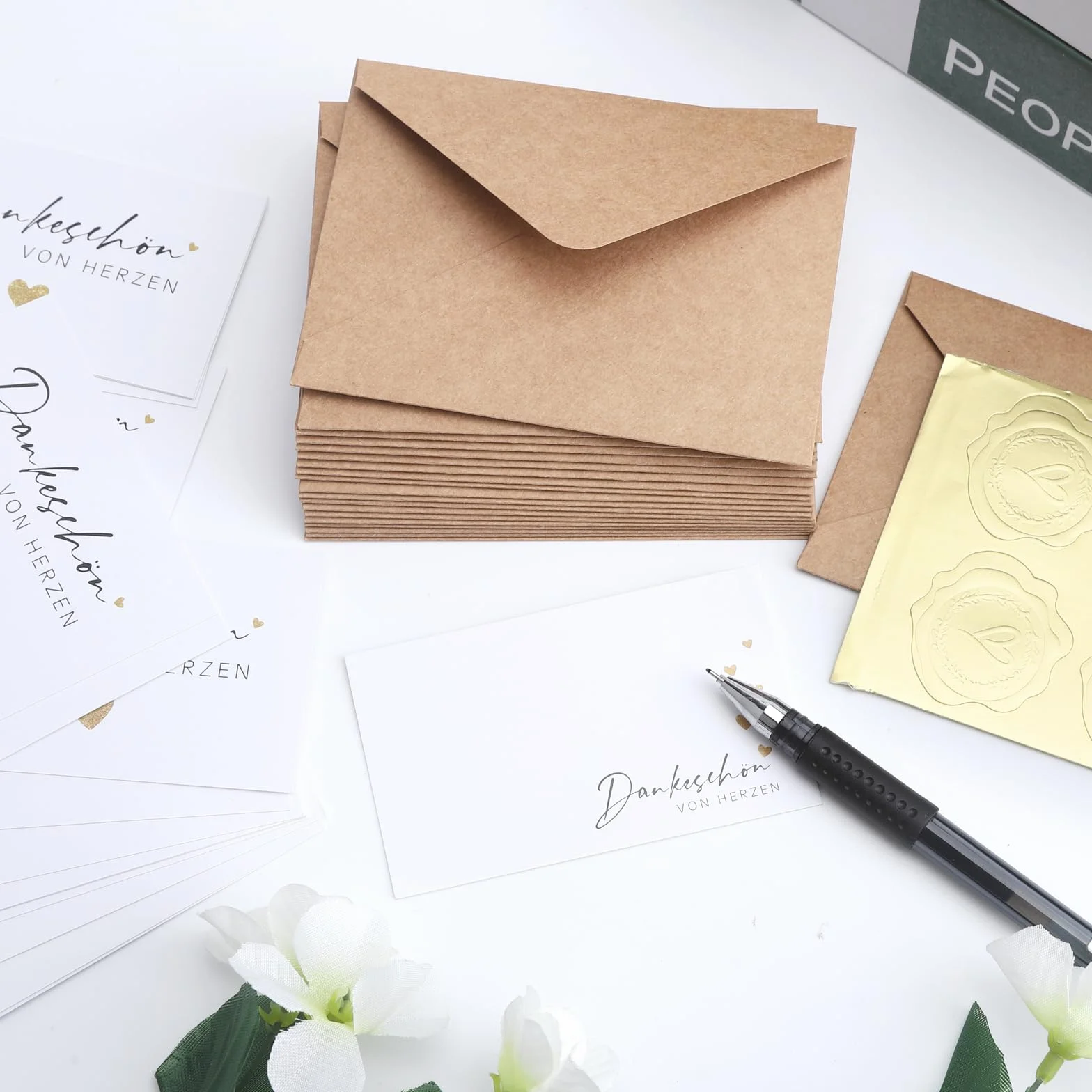Lot de 20 petites cartes de remerciement avec enveloppes kraft et sceau doré 9 x 5,4 cm