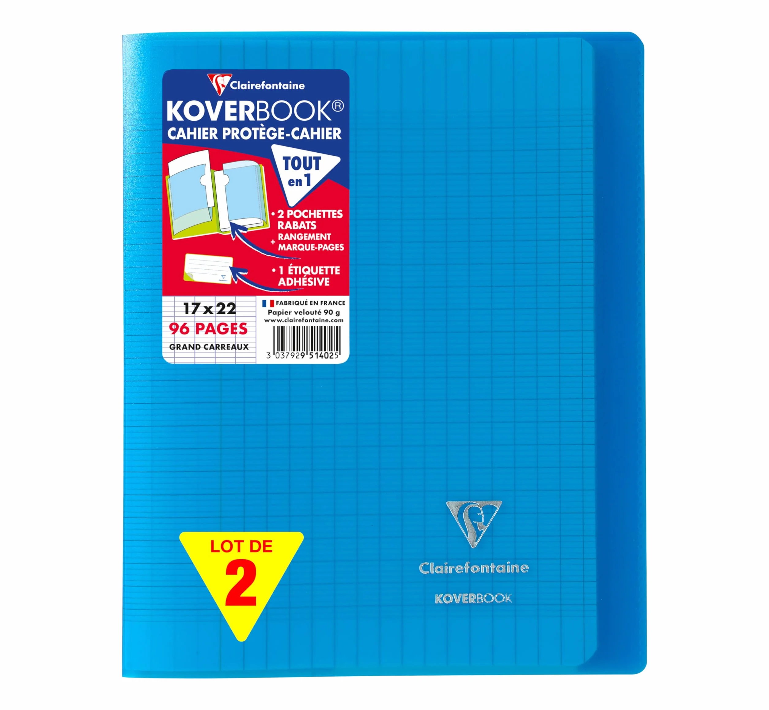 Clairefontaine Koverbook Cahiers Agrafés 17x22 cm 96 Pages Grands Carreaux 90 g Couverture Polypro Bleu