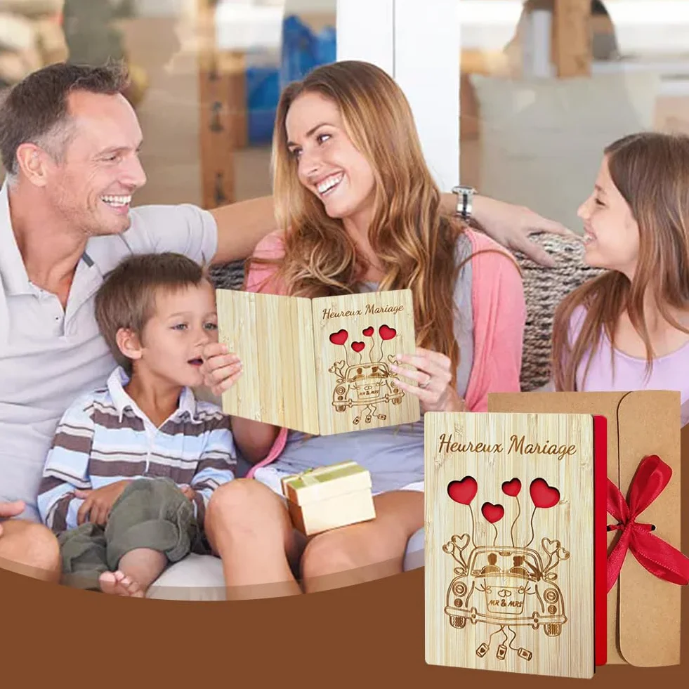 Carte de Vœux Mariage en Bois Originale avec Enveloppe, Carte Félicitation Mariage