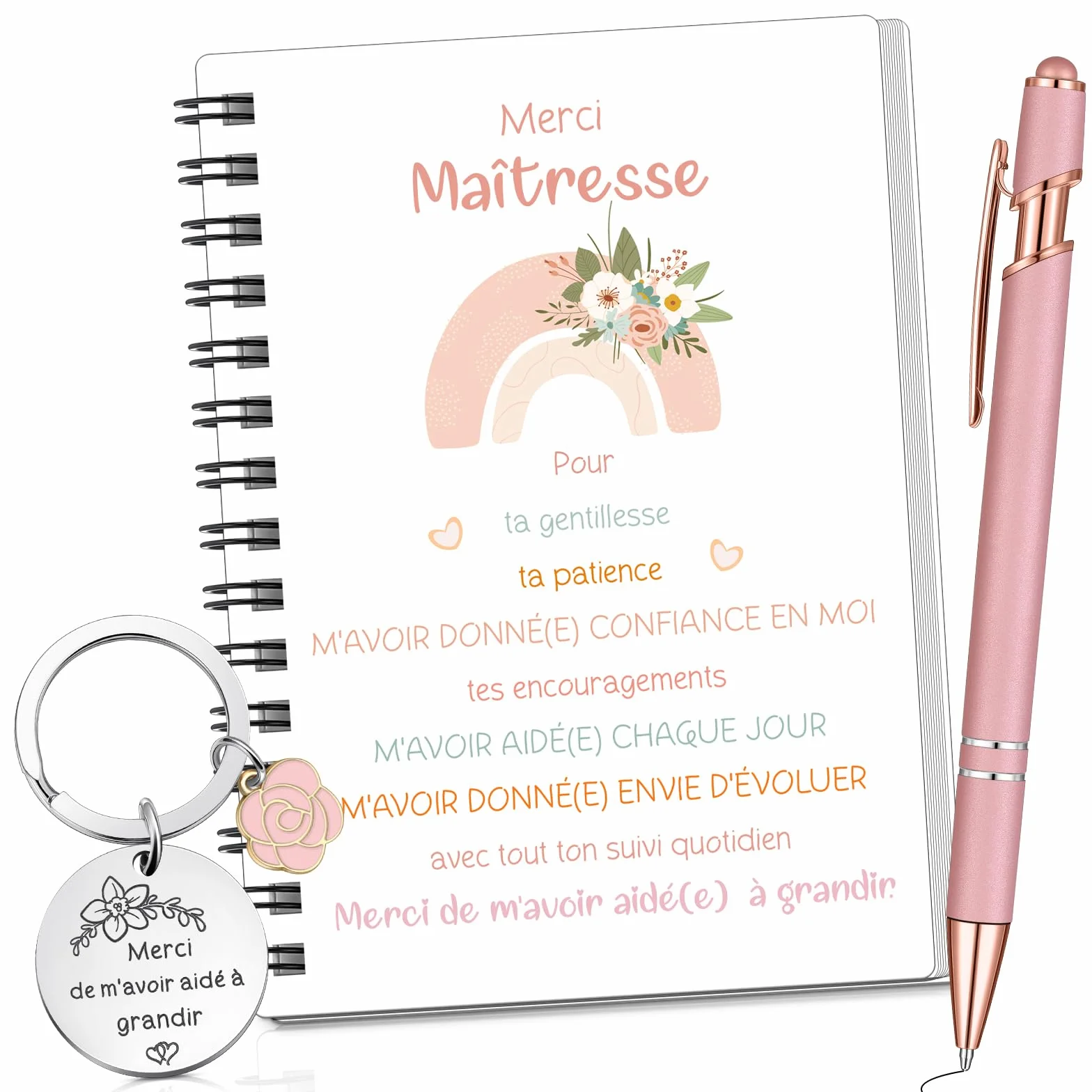 Sinmoe 3 Pièces Cadeau Maitresse Institutrice Carnet Spirale Porte Clés Stylo Bille Fin d'Année Fleurs Arcs en Ciel