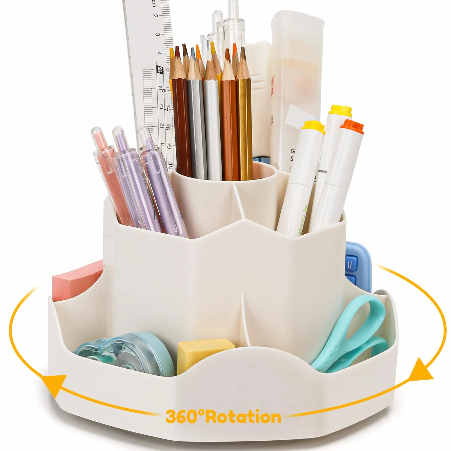 Euqvunn Organisateur de Bureau Rotatif, Pot à Crayon 9 Compartiments, Rangement Bureau 360° Porte Stylo Beige