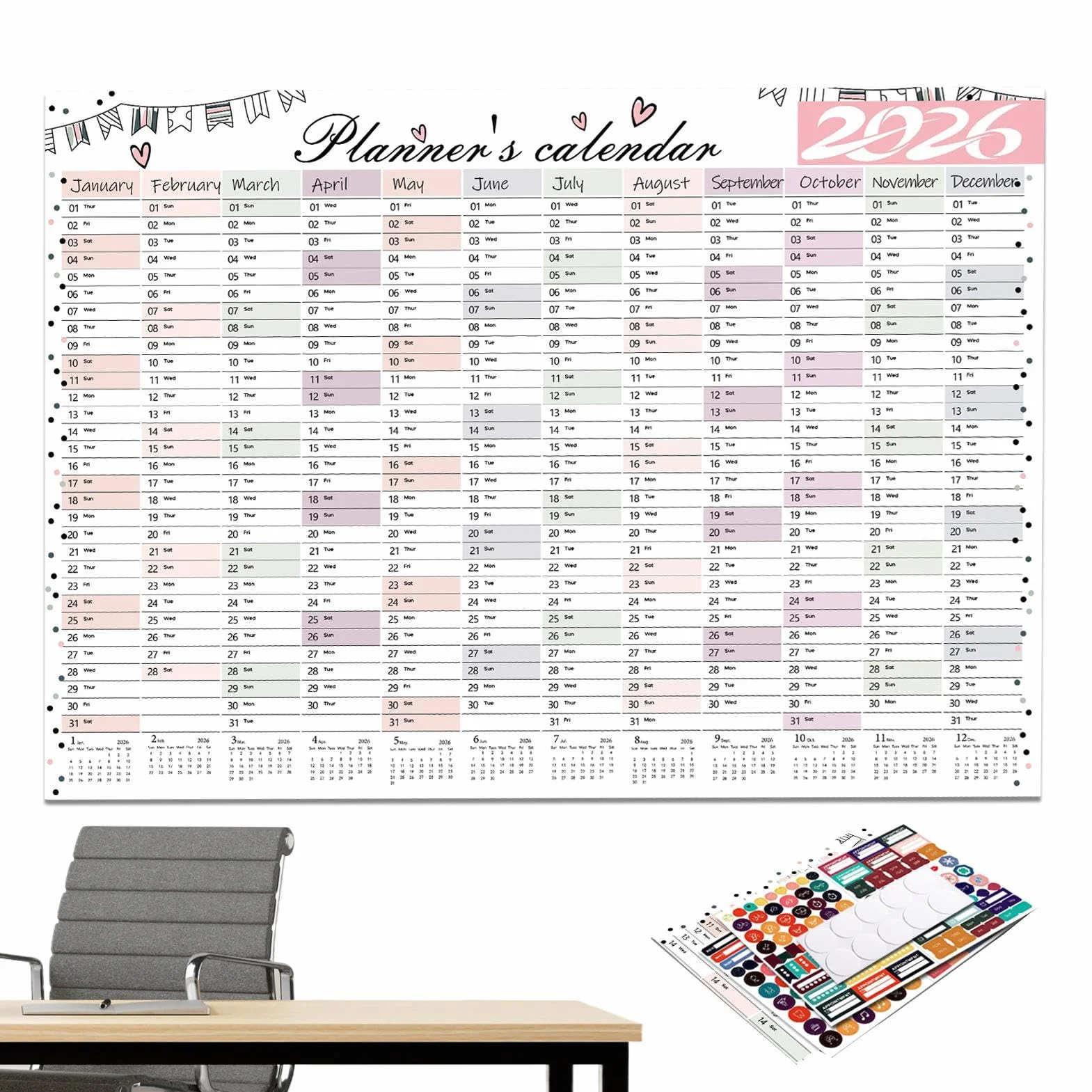 Calendrier Mensuel 2026-2026 Grand Planificateur Papier Vertical Janvier Décembre Bureau Salle Classe