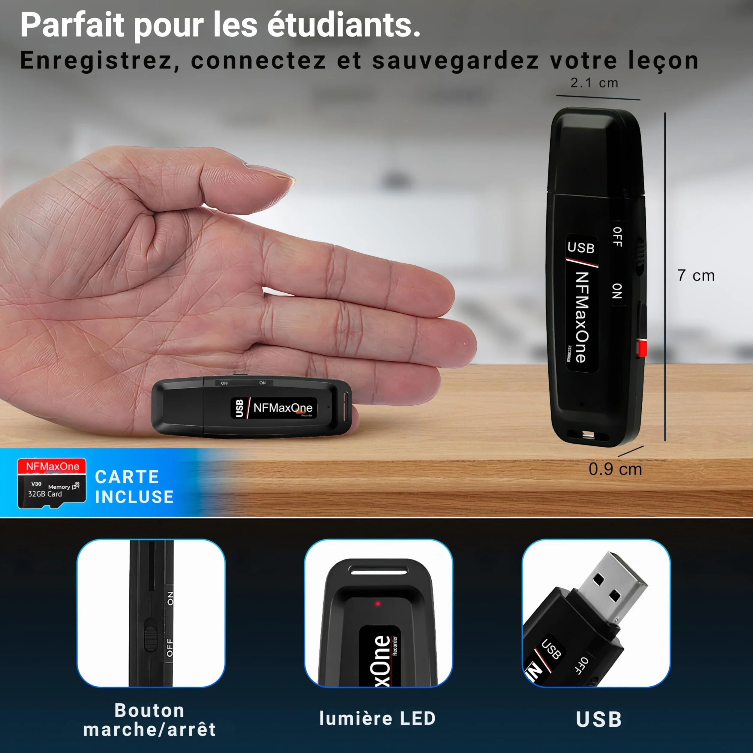 Enregistreur Vocal Espion Numérique 32 Go Mini Audio Réunions Interviews Cours USB Portable 500 Heures