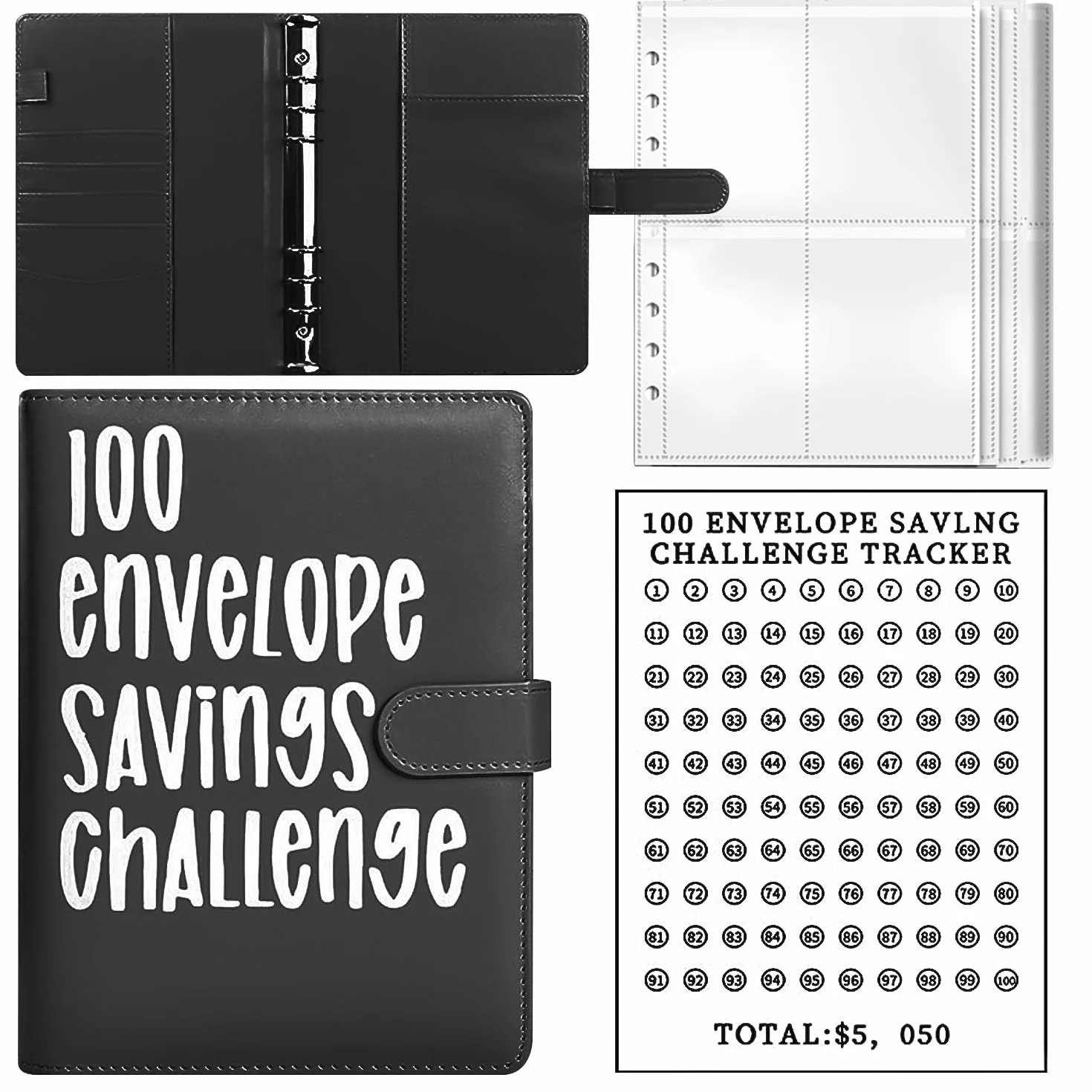 Classeur noir A5 25 feuilles carré grille livre conservation photo budget gestion argent