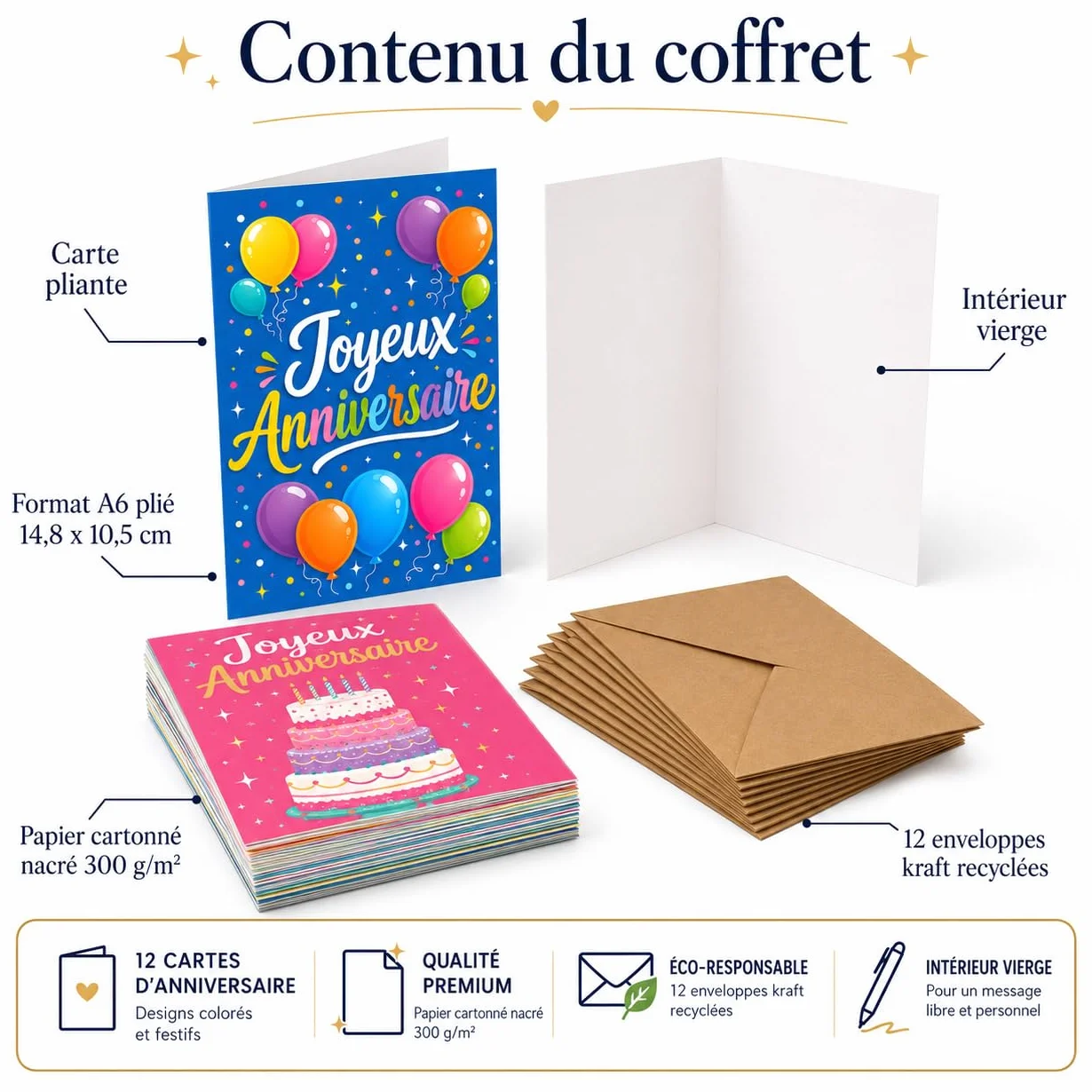 Lot de 12 cartes d’anniversaire en français avec enveloppes kraft recyclées, designs A6, papier cartonné nacré
