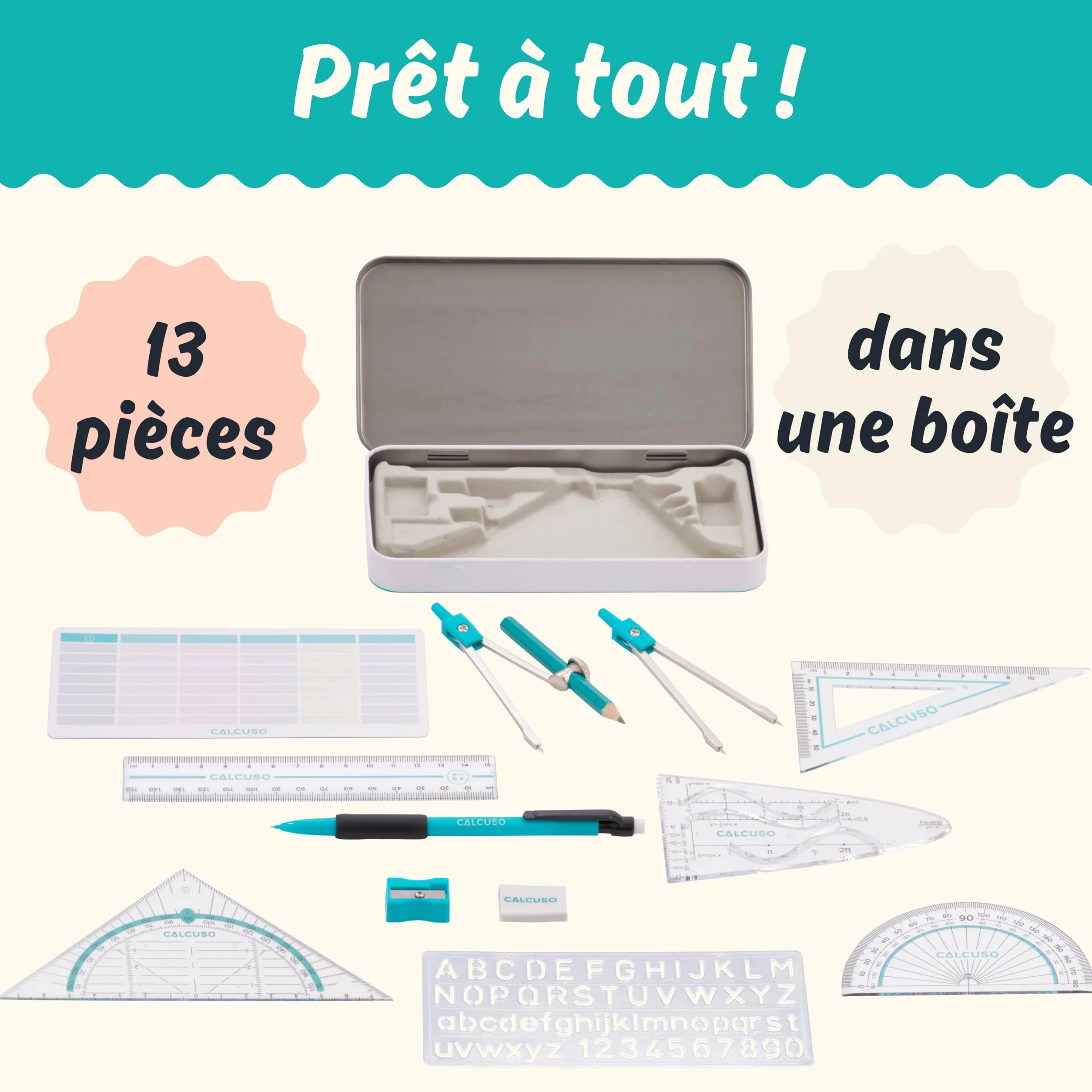 CALCUSO Ensemble de Géométrie 13 Pièces Compas Équerre Boîte Métallique