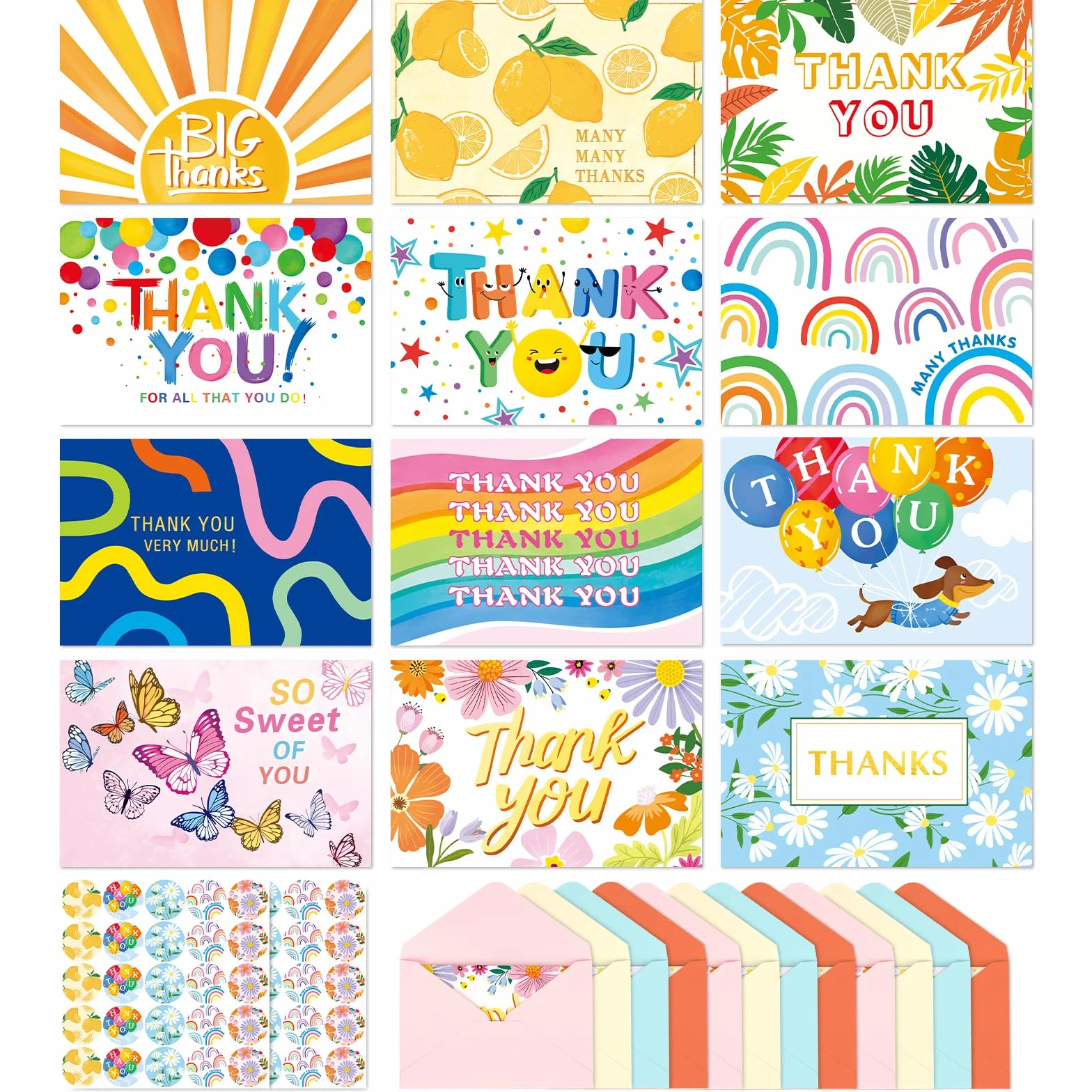 Cartes de Remerciements 48 Pièces 12 Modèles avec Enveloppes et Autocollants 4x6 Pouces pour Enfants Amis Famille