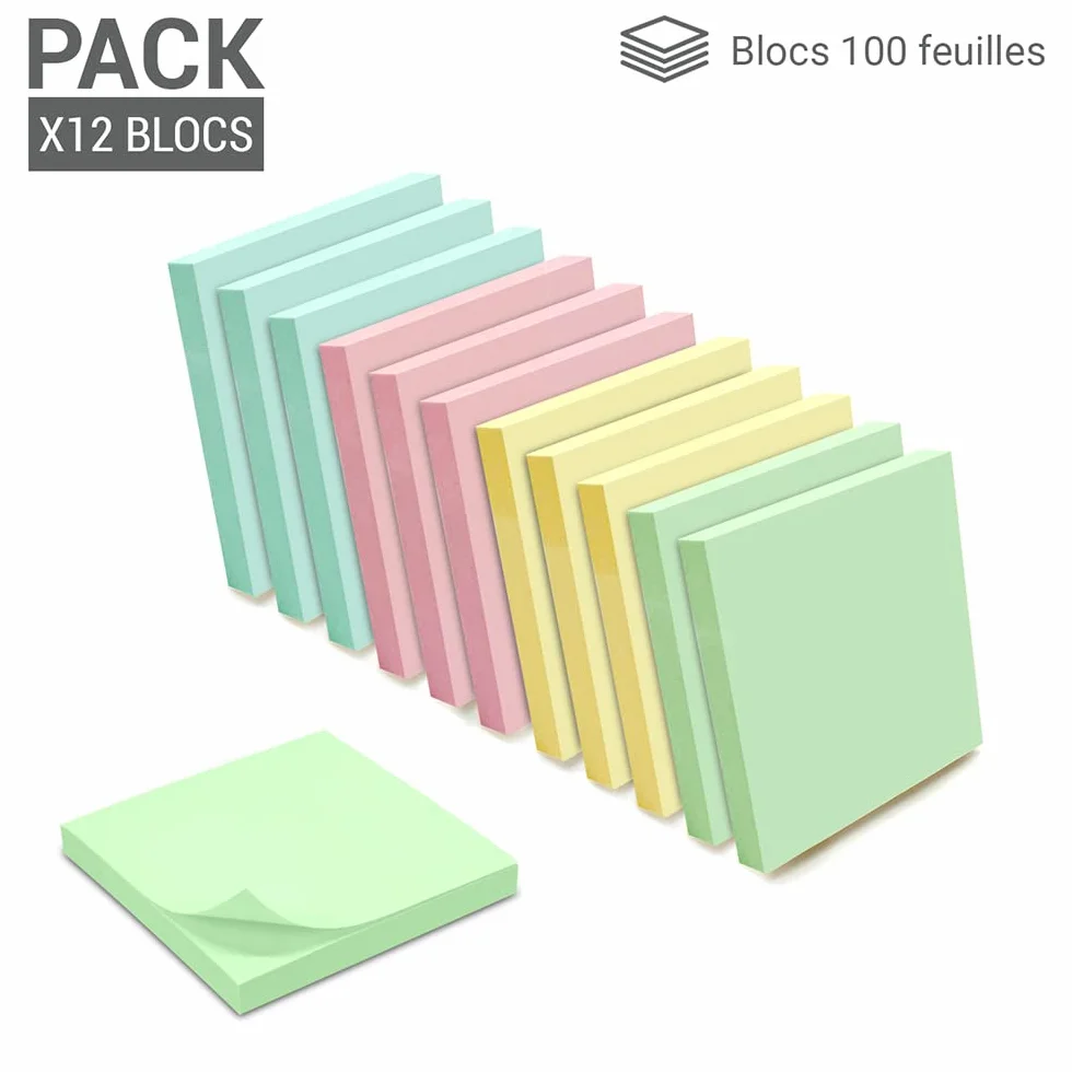 WAYTEX 1200 Notes Autocollantes Repositionnables Pastel 12 Blocs 100 Feuilles 75 x 75 mm