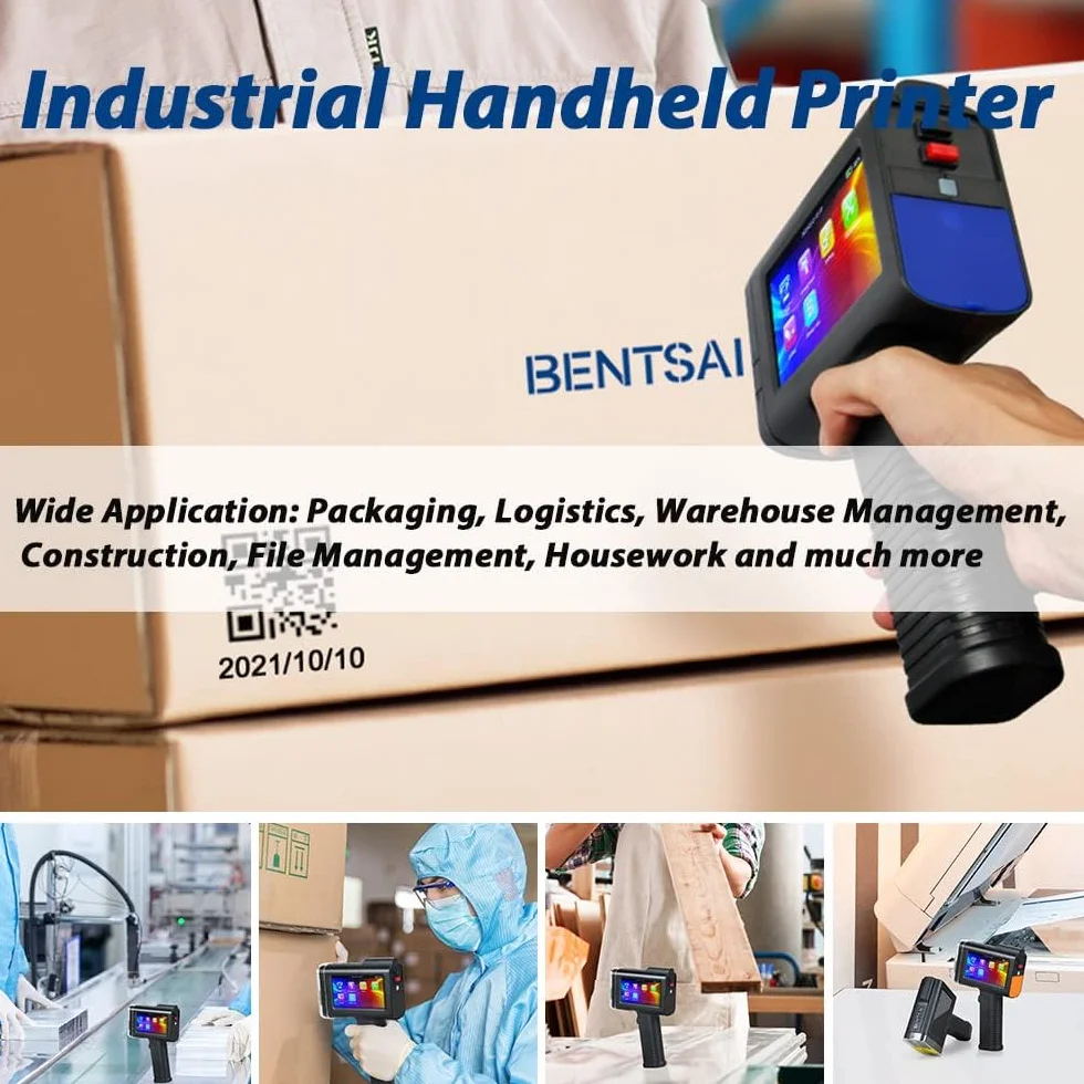 BENTSAI BT-HH6105B2 Etiqueteuse Portable pour Code-Barres QR Date Logo Numéro de Série Sacs Carton Bois Verre Plastique Bleu
