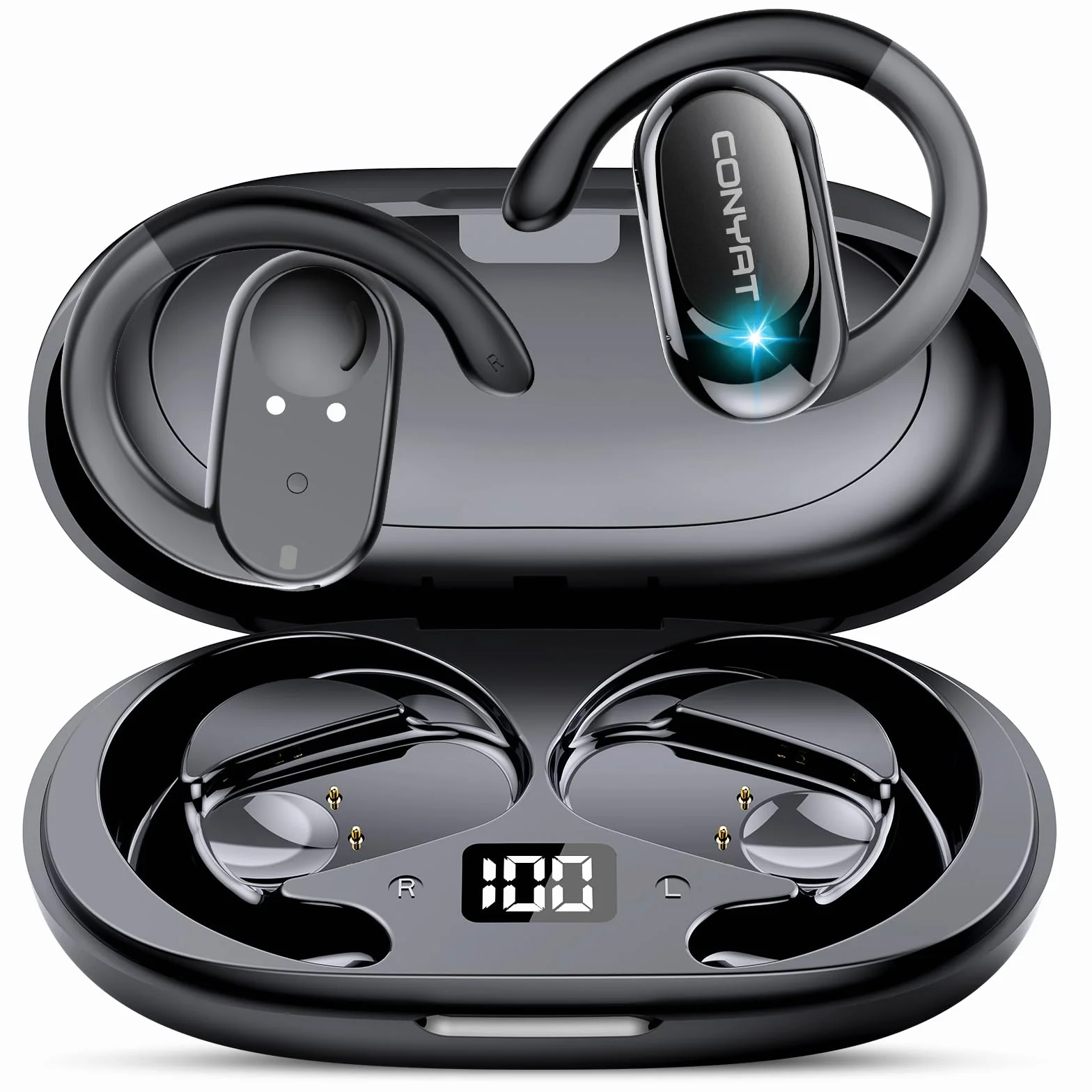 AI Ecouteur Traducteur Instantané 58H Bluetooth 5.4 Open Ear 164 Langues 3 en 1 Traduction Vocale Noir Foncé