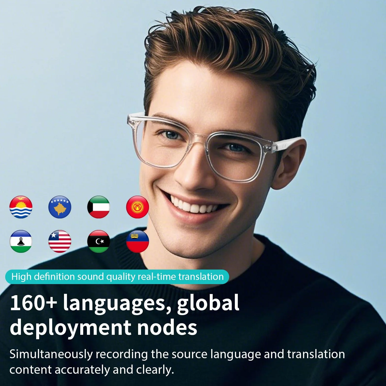 Lunettes intelligentes traducteur AI, traduction bilingue temps réel, verres photochromiques, cadre bleu, 160+ langues, design léger voyage affaires