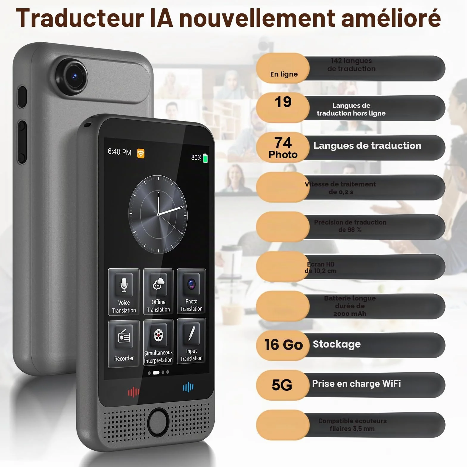 Traducteur Vocal Instantané Sans Connexion 142 Langues AI Translator Batterie 2000 mAh Gris