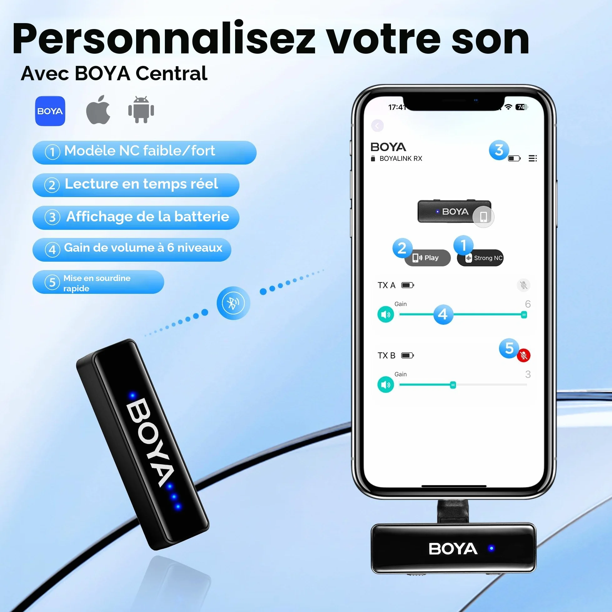 BOYA BOYALINK Microphone Lavalier sans Fil 48KHz 24Bit 30h Réduction Bruit USB-C Lightning 3.5mm