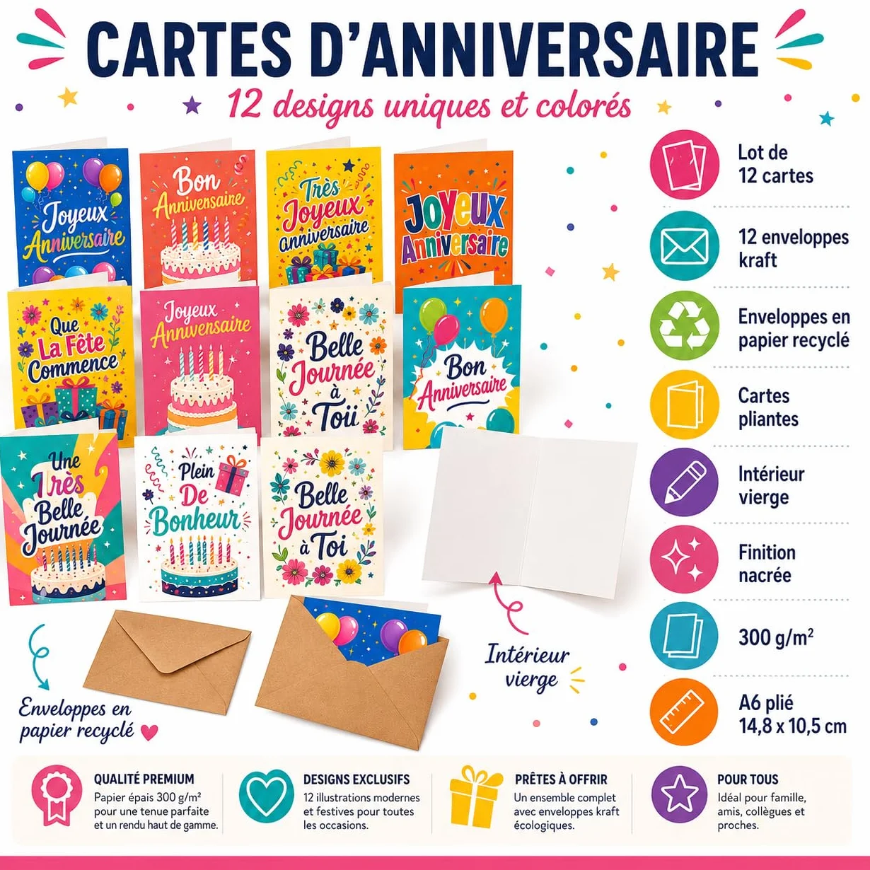 Lot de 12 cartes d’anniversaire en français avec enveloppes kraft recyclées, designs A6, papier cartonné nacré