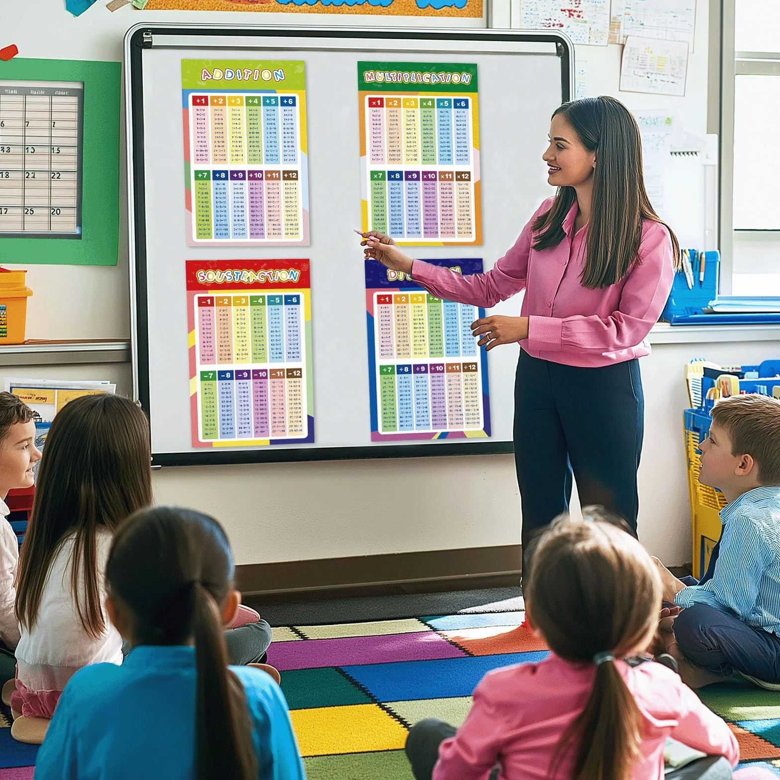 Lot de 4 Posters Table de Multiplication 42×28 cm – Affiches Éducatives Mathématiques avec Addition, Soustraction, Multiplication, Division