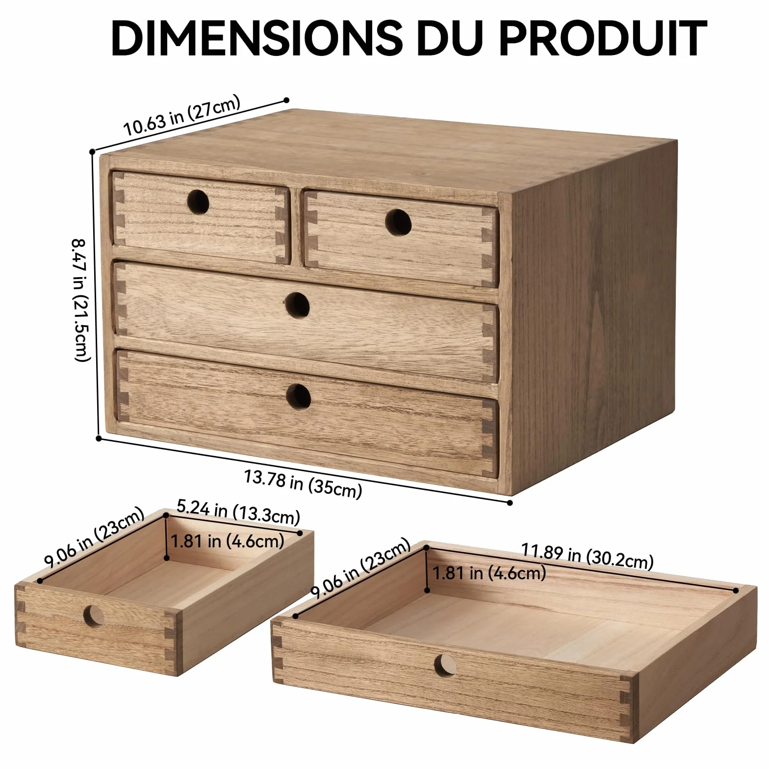 KIRIGEN Boîtes à tiroirs en bois 3 étages 4 tiroirs brun rangement bureau