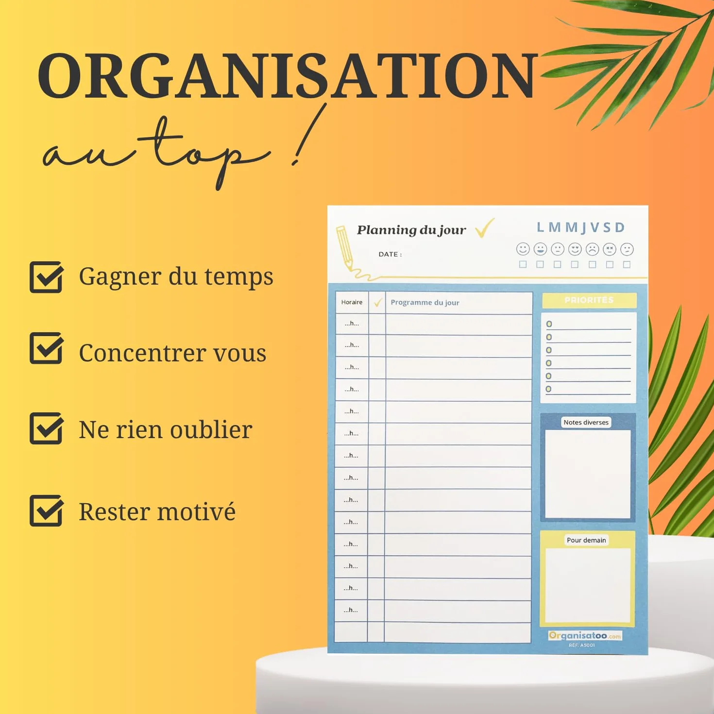 Bloc planning du jour français 50 pages - Planificateur journalier A5 papier activités tâches