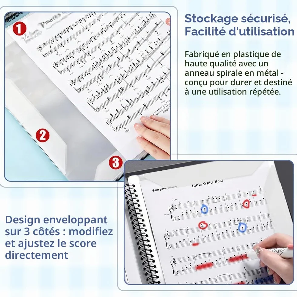 Classeur A4 pour Partitions de Musique avec 10 Pinces, 40 Pages, Étanche
