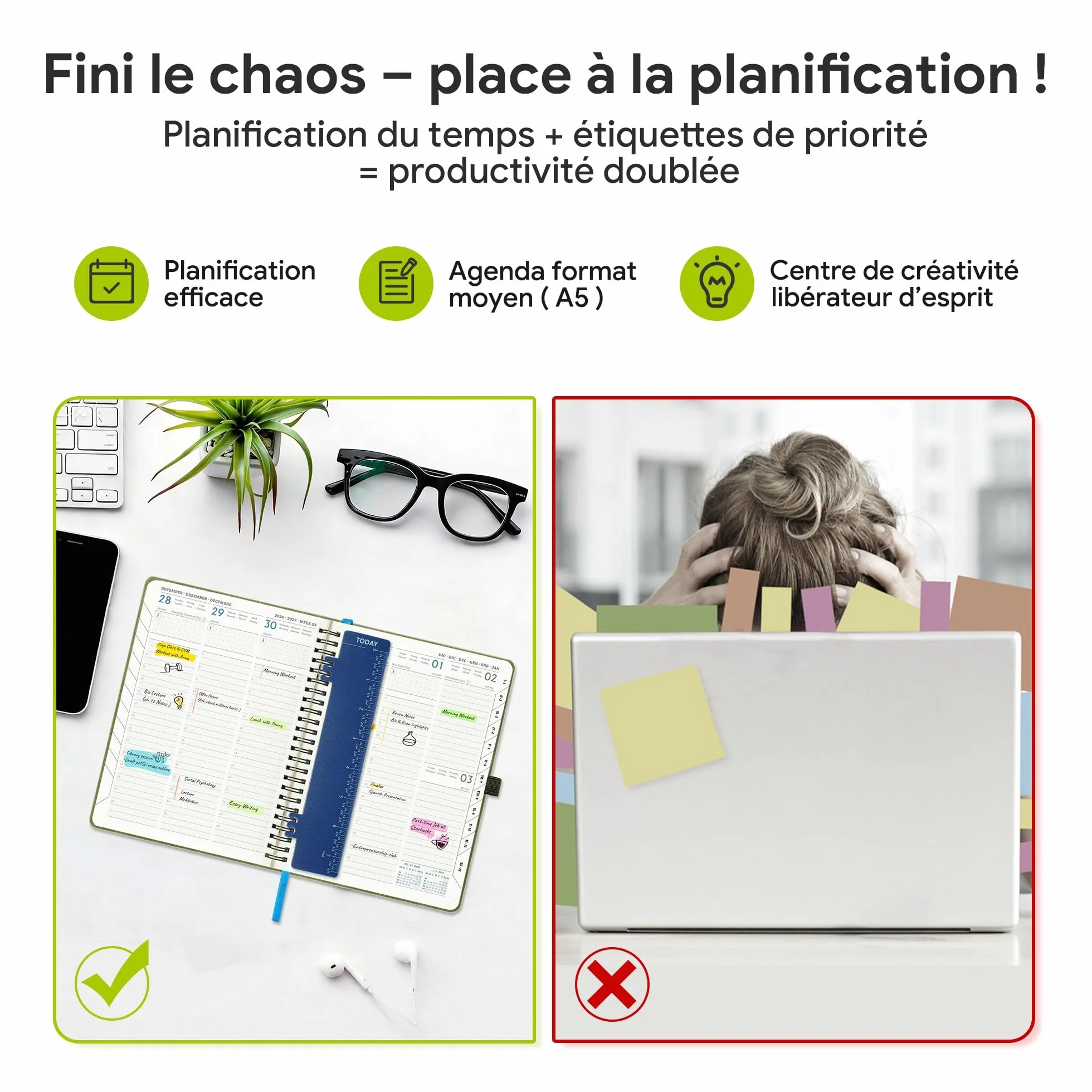 Agenda Semainier 2026-2027 A5 Couverture Souple PU Cuir Spirale Bleu ciel 18 Mois Scolaire Vertical Planner