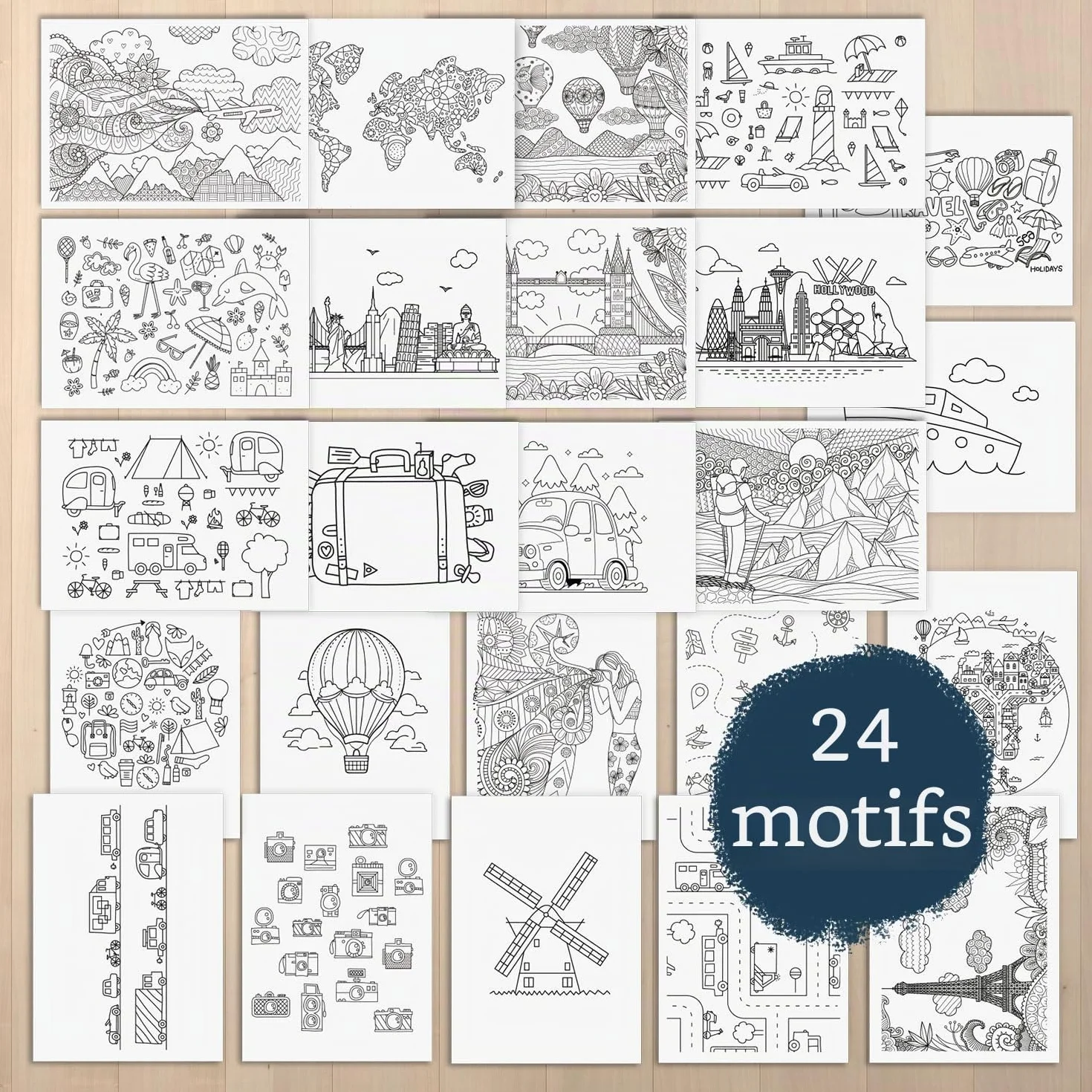 younikat Reisen Cartes postales à colorier 24 pcs DIN A6 Enfants Adultes à personnaliser