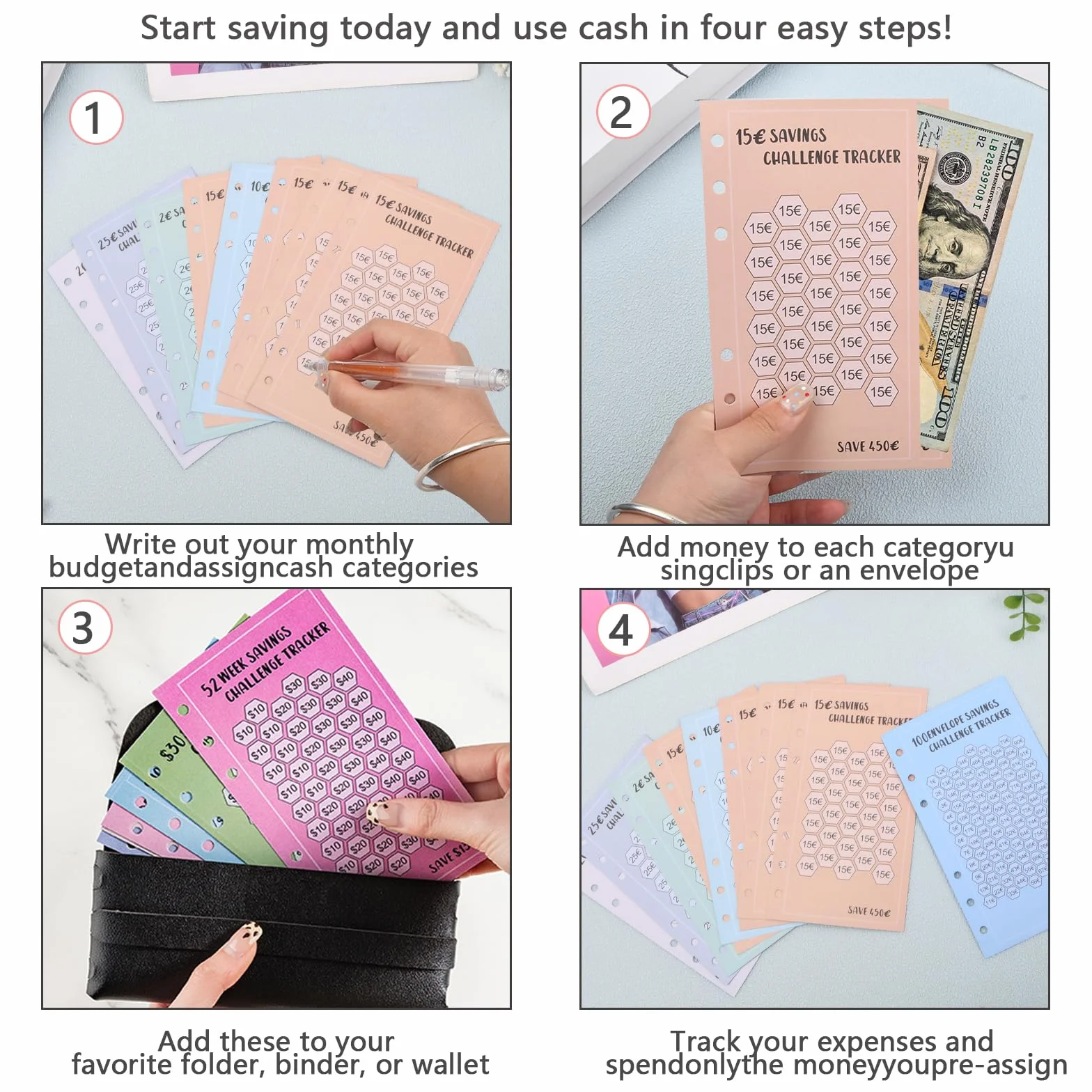 Lot de 48 Feuilles de Budget A6, Classeur Budget Set de Défi, Suivi de Budget 6 Trous Tracker