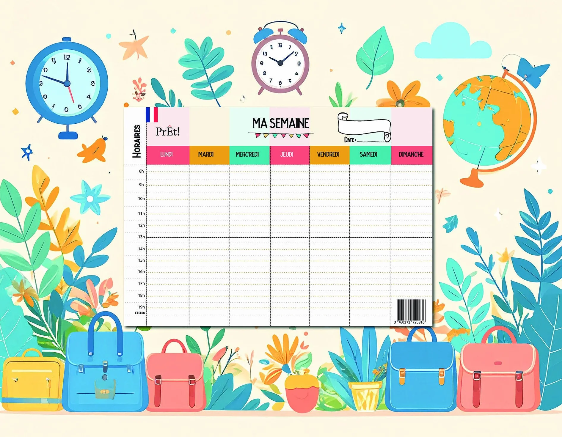 Emploi du Temps Scolaire Semainier Famille A3 | Tableau Hebdomadaire Mural à Compléter | Organisation Enfants Parents Recto-Verso