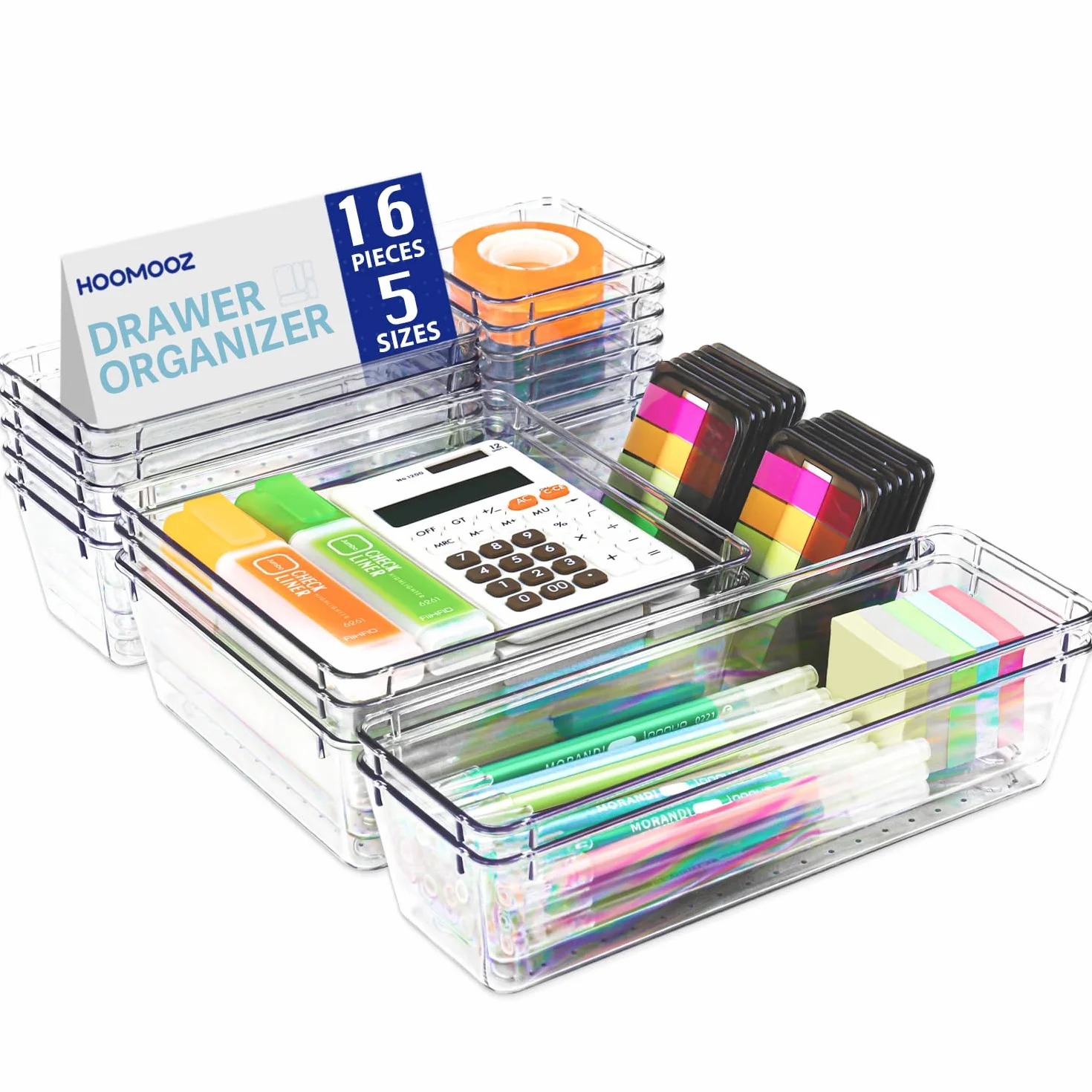Lot de 16 Organisateurs de Tiroirs Transparent, Rangement Maquillage avec 5 Tailles, Plastique pour Bijoux Cosmétiques