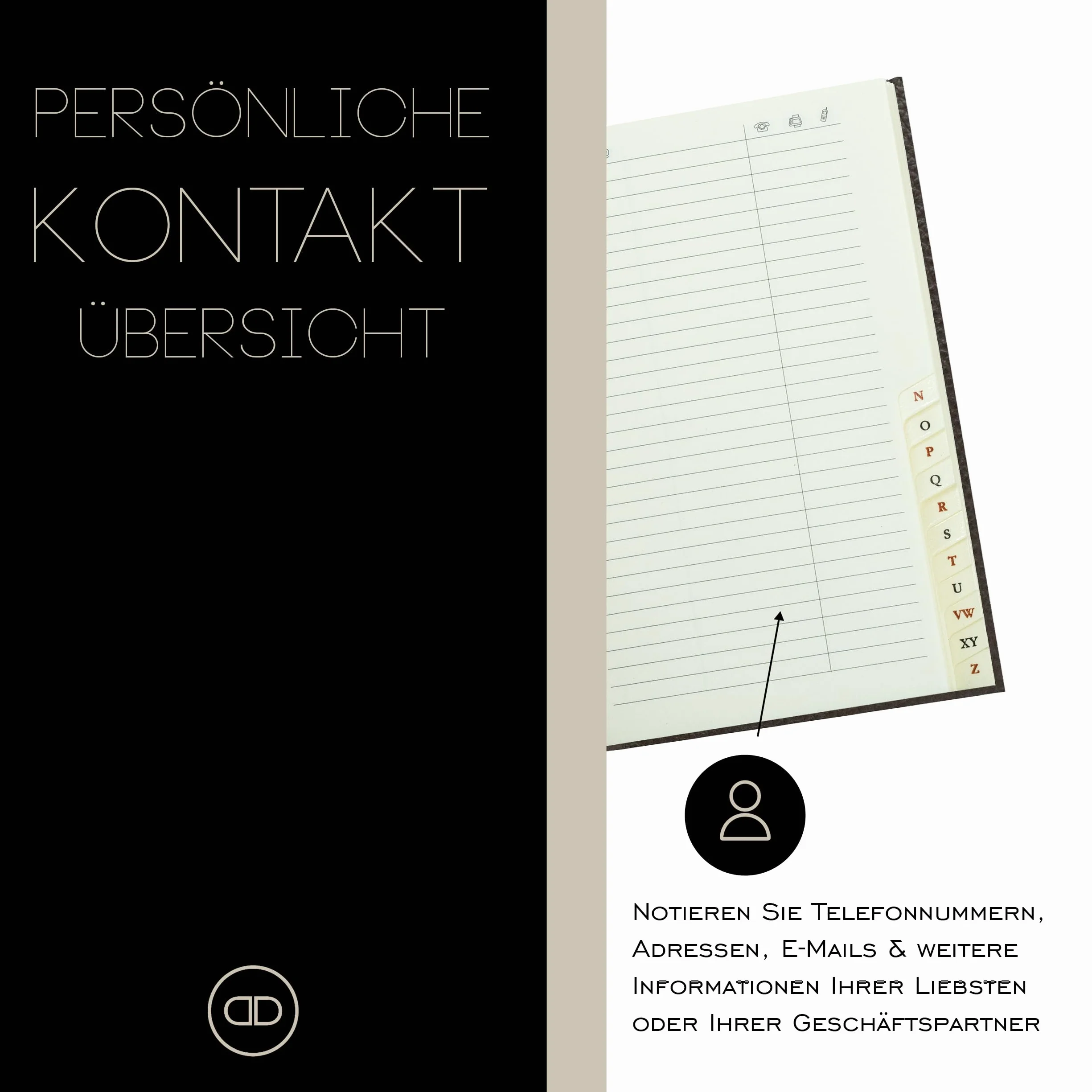 DELMON VARONE Répertoire d'adresses DIN A6 personnalisable Carnet d'adresses cuir index A-Z