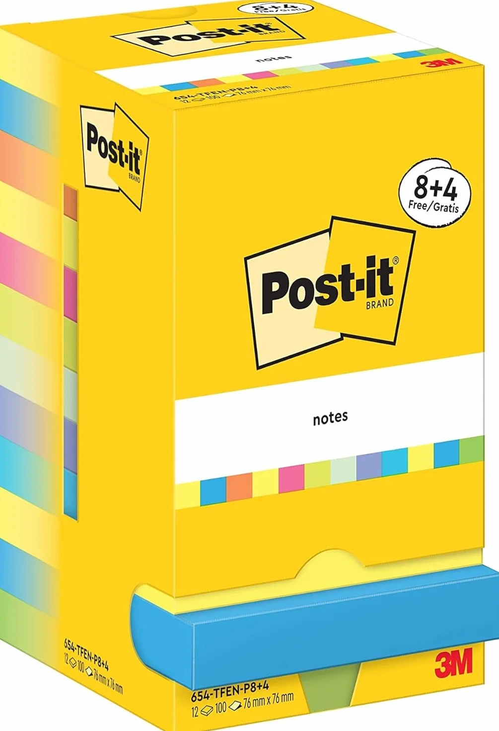 Post-it Notes Autocollantes 76 mm x 76 mm, 100 Feuilles par Bloc, Pack de 8 Blocs + 4 GRATUITS, Couleurs Energetic