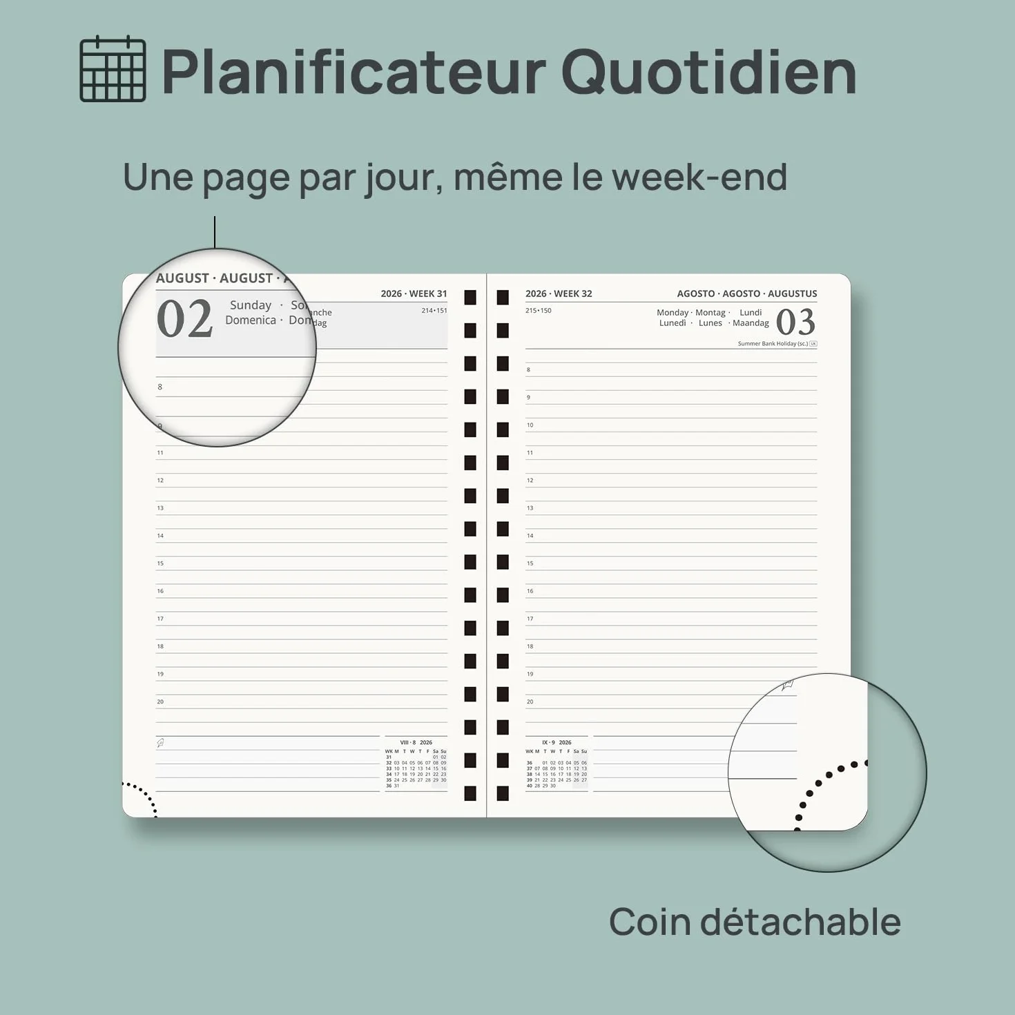 POPRUN Agenda 2026 2027 Journalier A5 21,5 x 14,5cm 1 Page par Jour Couverture Rigide Spirale Vert Minuit