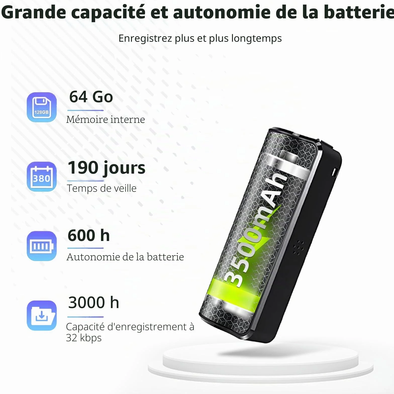 Enregistreur Vocal Espion Magnétique 30 Jours Enregistrement Continu Mini Dictaphone Commande Vocale Rechargeable USB